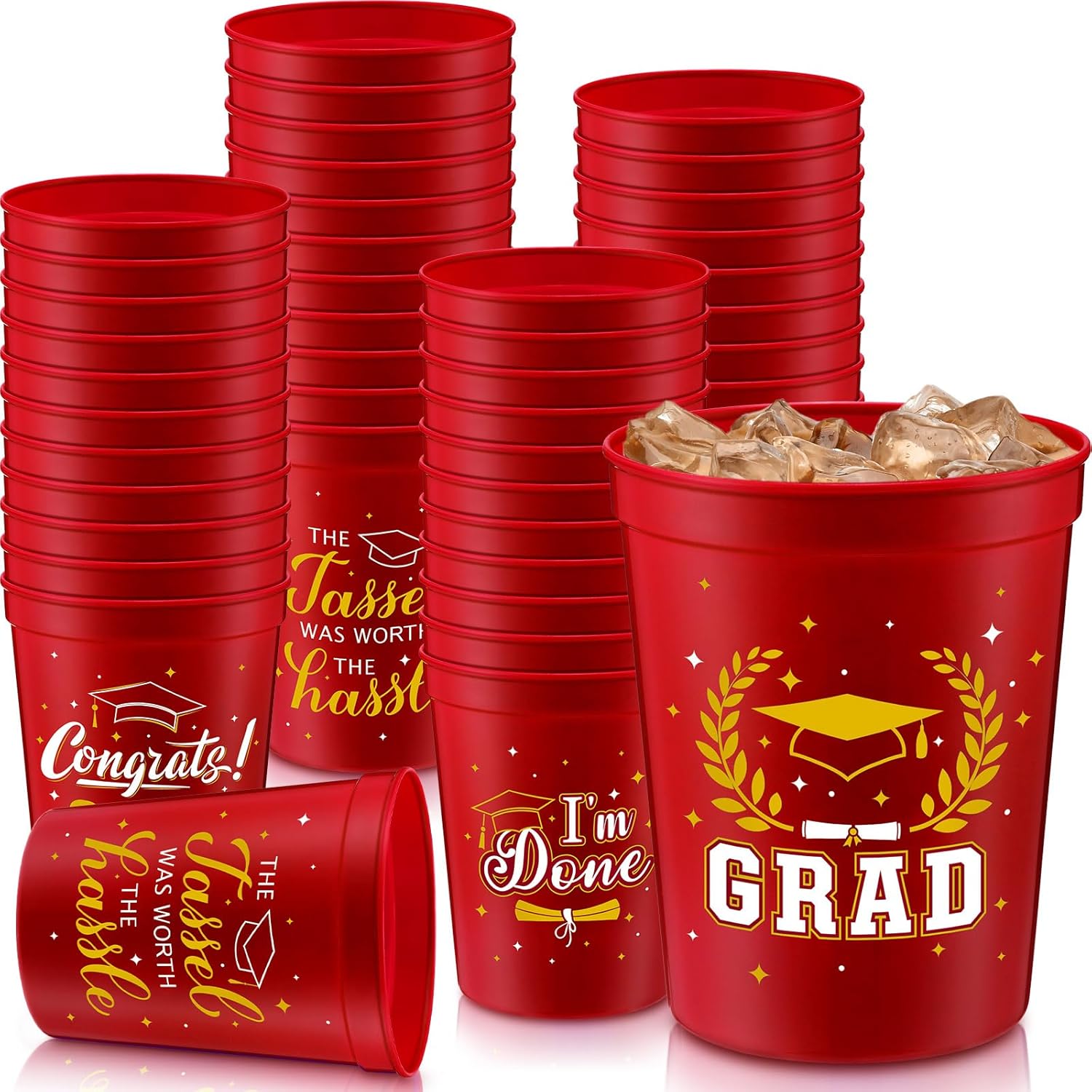 Yinder 48 Pieces 2026 Graduation Plastic Cups, 16 oz Congrats Grad Cups Set Stadium Grad Party Reusable Tumblers, 4 Styles Hot Cold Drinks for Graduation Party Decorations Supplies(Red)