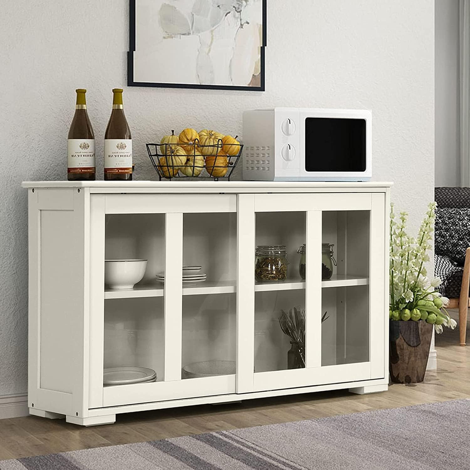 Stackable Kitchen Sideboard, Comes with Flexibly Sliding Glass Doors, Adjustable Shelf, Modern Storage Cabinet for Home Kitchen Living Room Dining Room Display Decoration (Antique White)