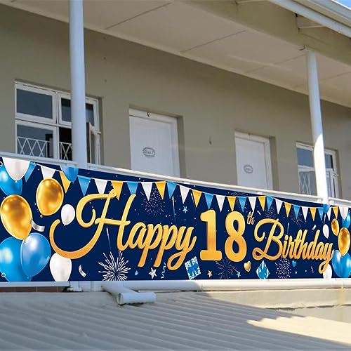 Vista 31 de Cartel grande de feliz cumpleaños 60, telón de fondo azul dorado 60 cumpleaños, suministros de decoración de fiesta de 60 años para hombres, patio