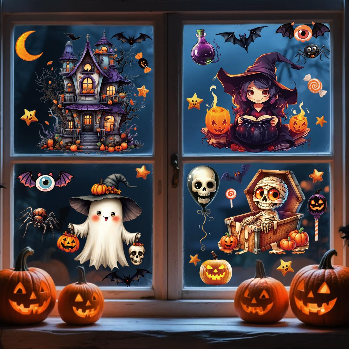 82 Autocollants Fenêtre Halloween - 10 Feuilles PVC - Sorcière, Zombie, Fantôme - 20x30 Cm - 8