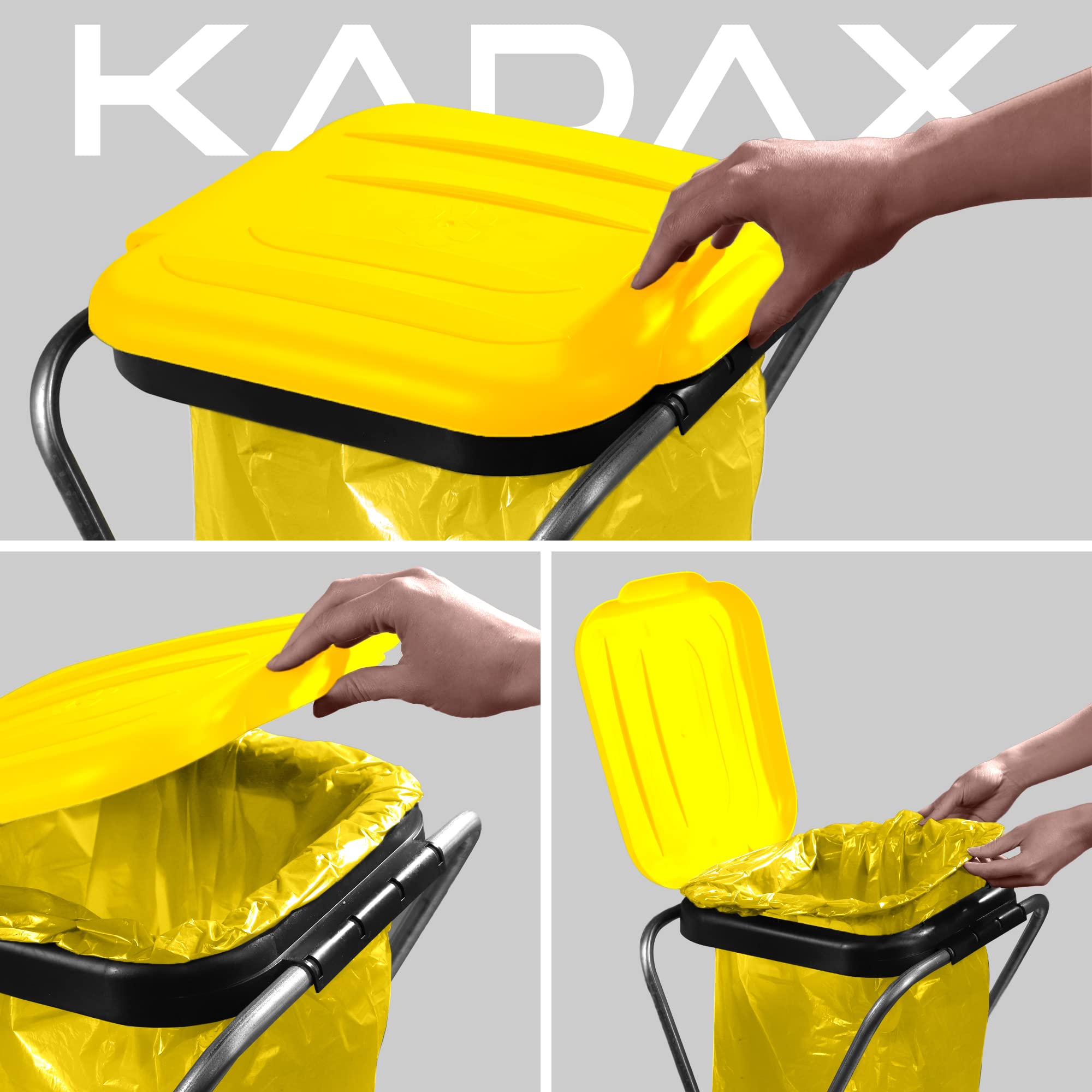 KADAX Soporte individual para bolsas de basura en 5 versiones de color, soporte para separación de residuos con tapa de plástico, soporte para bolsas de 120 litros (amarillo)