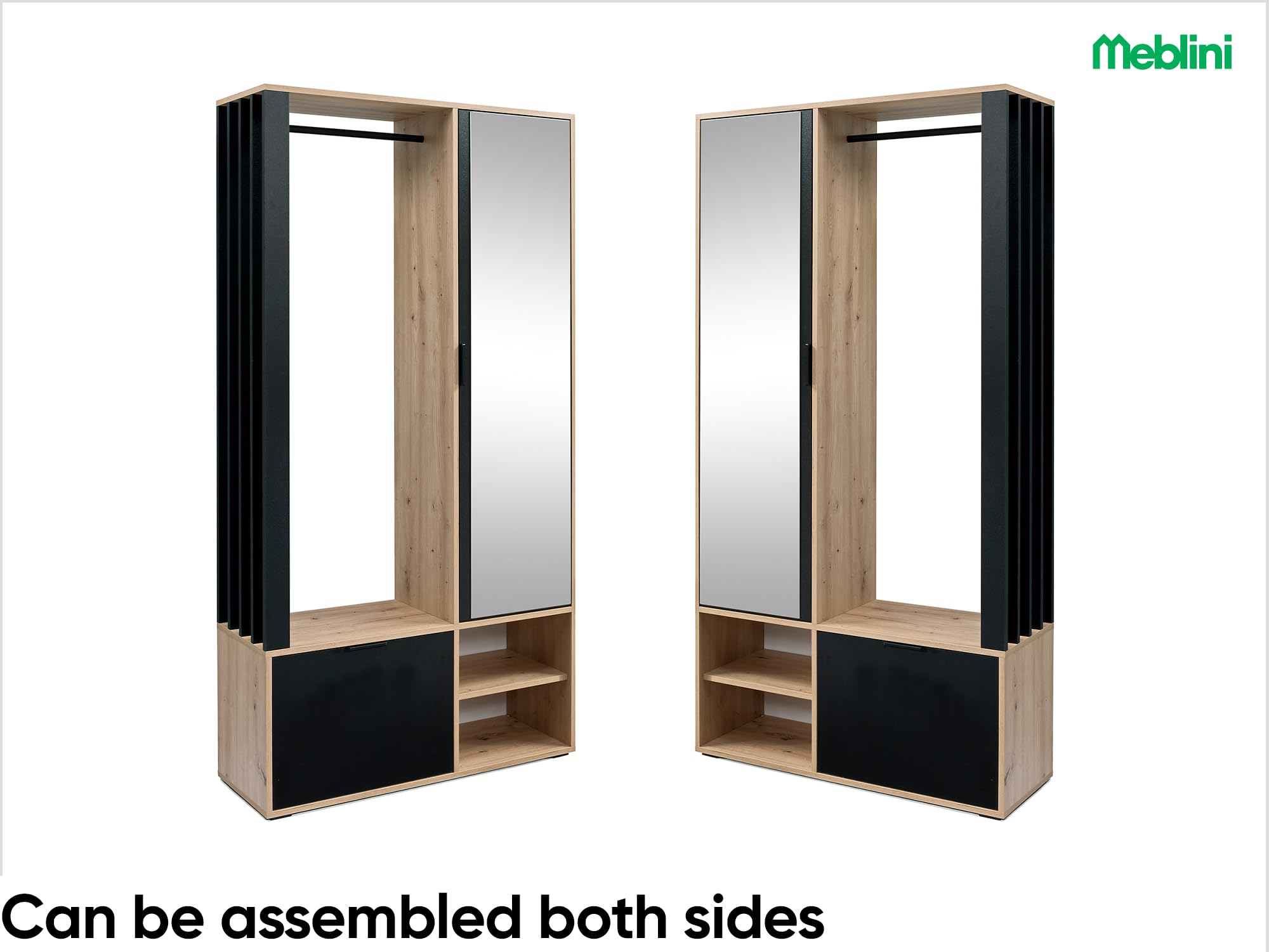 MEBLINI Garderobenschrank Flur mit Spiegel - Garderobe Schrank - Flurgarderobe schmal - Garderobe Flur Möbel Set - Flurschrank hoch - Milano - 100x33x190cm R/L - Artisan Eiche mit Sitzbank