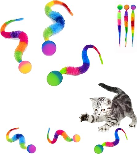 Miniatura 6 de Pelota hinchable con cola para gatos, paquete de 10, juguetes de gusano mullido para gatos, juguete de bola inflable para gatos de interior (10