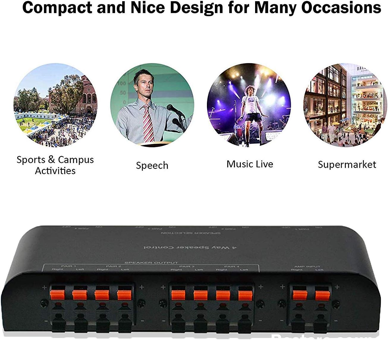 A ADWITS 4-Channel Speaker Switcher Selector Box with Terminal Claps 200W RMS Max 100W Switchable, Black