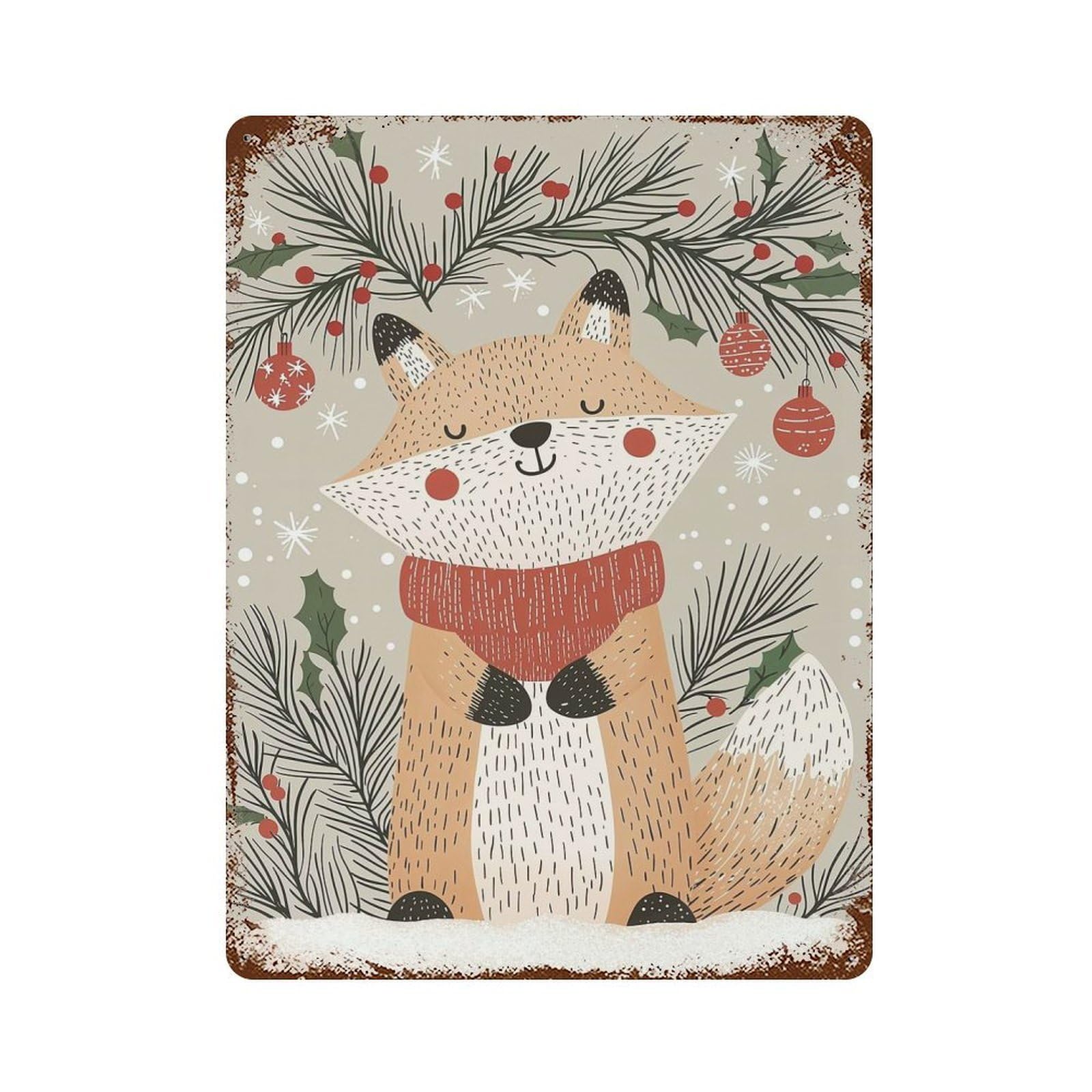 Christmas Fox Illustration Decorative Tin Sign 15.7"x11.8", Retro Wall Decor for Living Room, Hallway And Home Decor