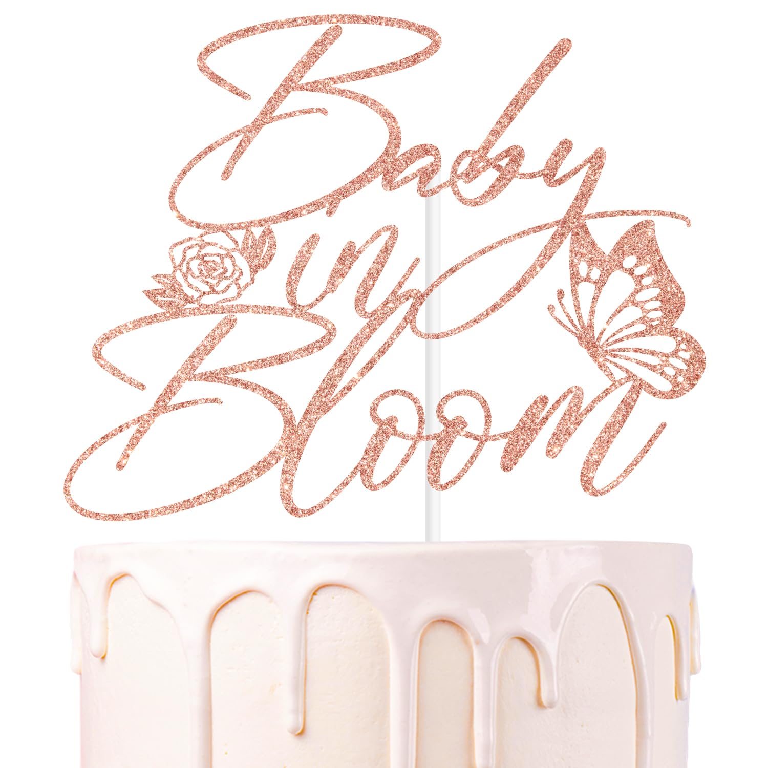 Rose Gold Glitter Baby in Bloom Cake Topper, A Little Butterfly is on the Way/Sweet Baby, Funny Baby Shower Party Decorations Supplies
