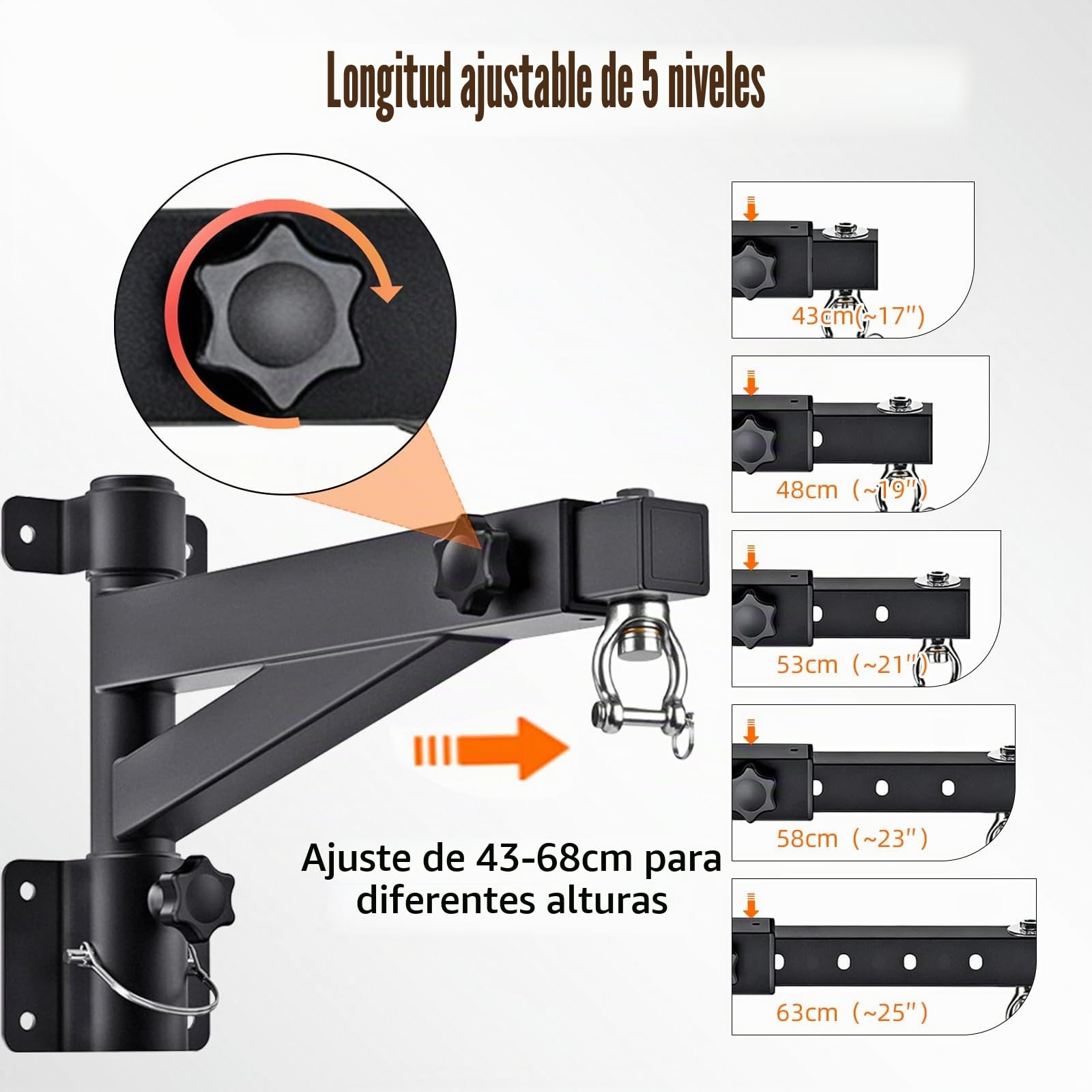 Soporte Saco Boxeo Pared, Colgador Ajustable 43-63cm, Rotación 180°, Soporta 150kg, para Muay Thai