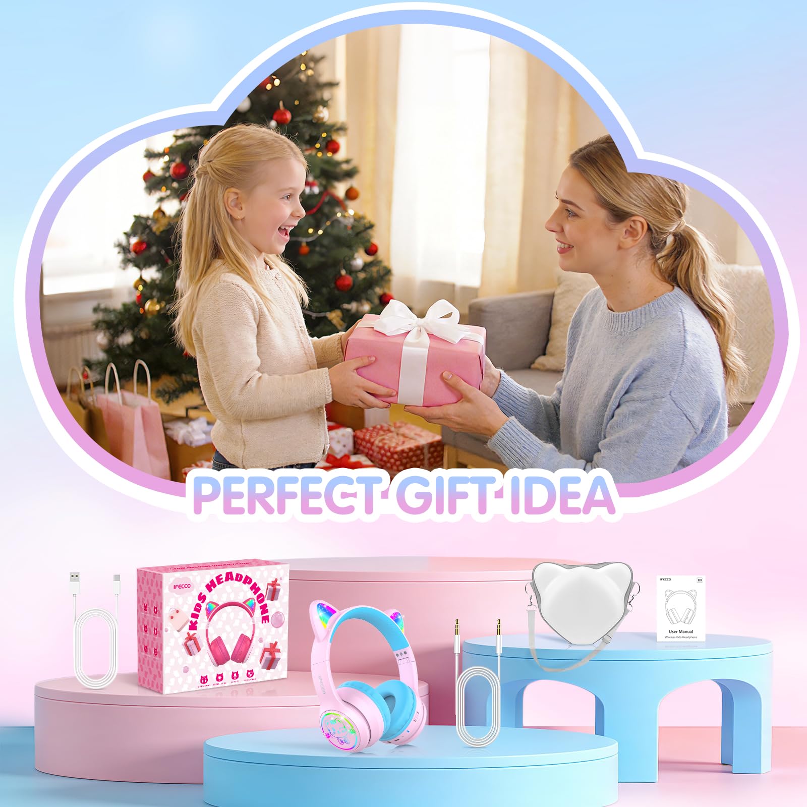 IFECCO Cuffie Bluetooth per bambini senza fili con custodia – Cuffie over-ear con luci LED, orecchie da gatto, limitazione del volume a 85 dBA, microfono integrato, compatibili con iPad/tablet/scuola