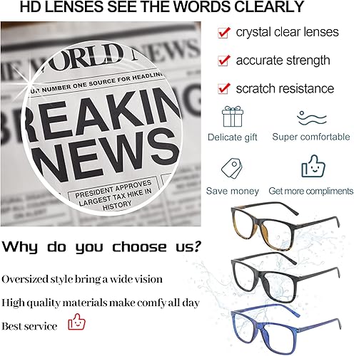 Miniatura 3 de AEZUNI Gafas de lectura extragrandes de 1.75 pulgadas cuadradas de gran tamaño para hombres lectores 1.00 1.25 1.50 1.75 2.00 2.25 2.50 2.75 3.00