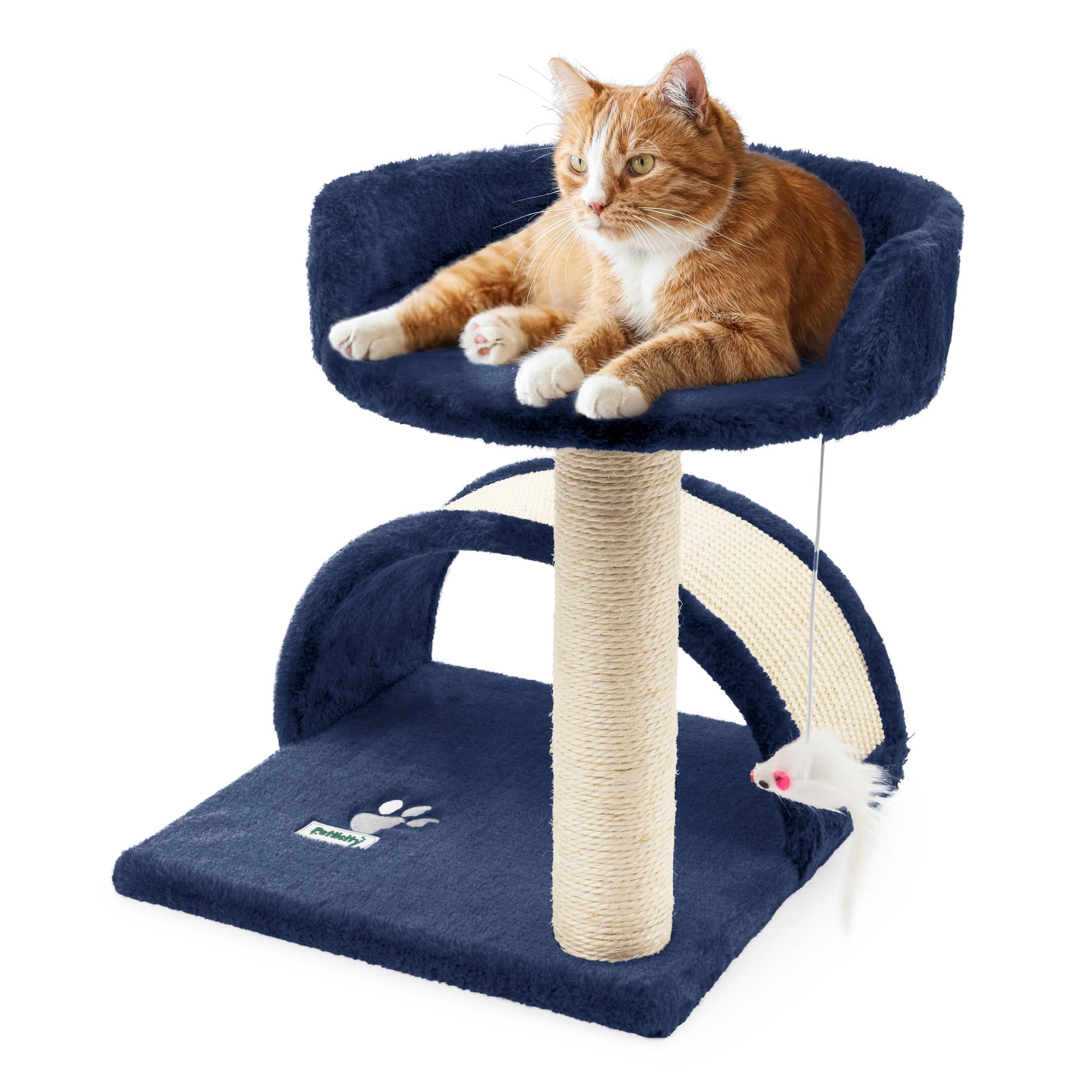 Petlicity Deluxe Bed and Sisal Cat Scratching Post with Soft Plush Finish - Thick Heavy Duty Cat Tower Sisal Scratch Post, Small Cat Tree for Indoor Cats with Bed (Navy)