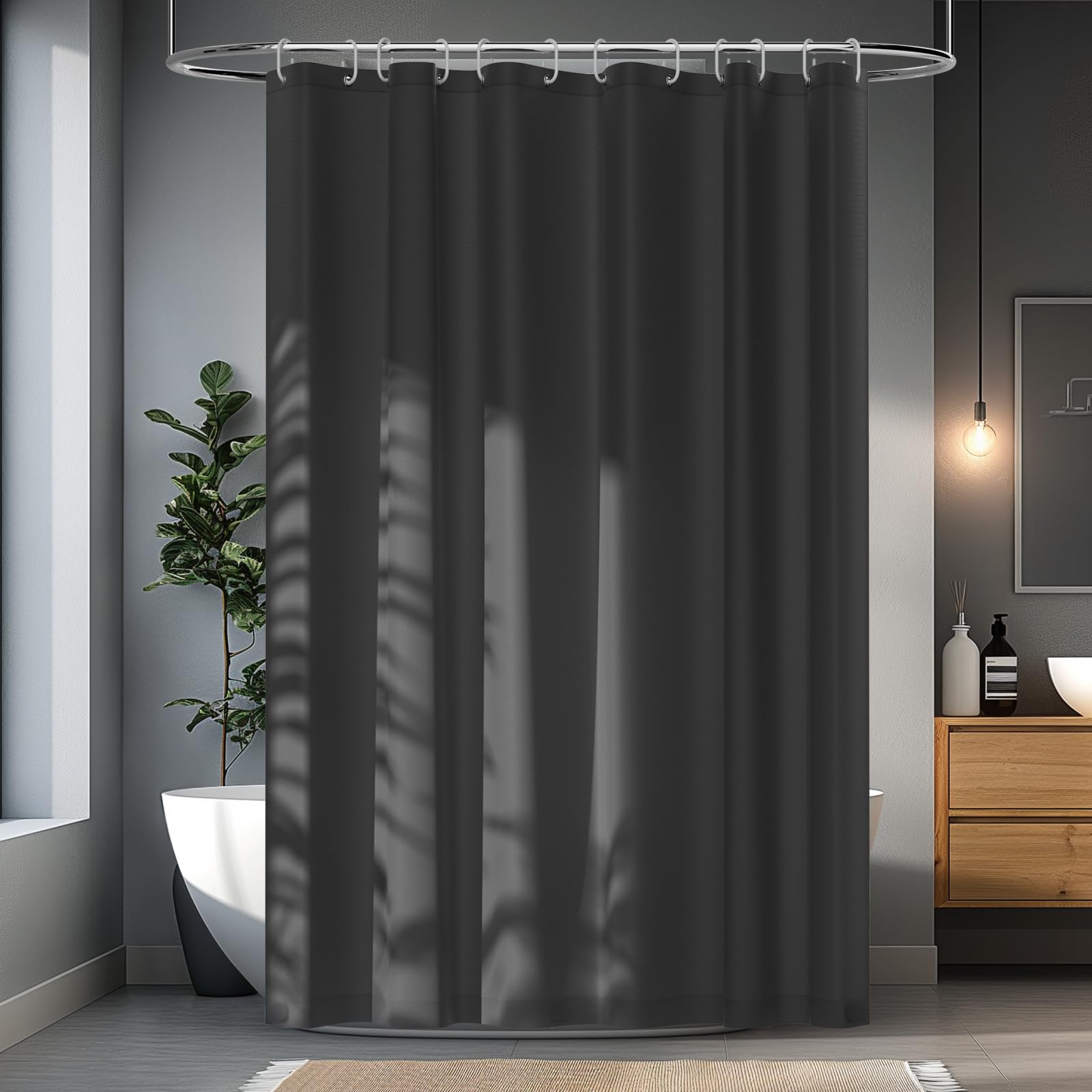 Seenus Doublure de rideau de douche extra longue en tissu imperméable avec 3 grands aimants, gris foncé, lavable en machine, 183 x 198 cm