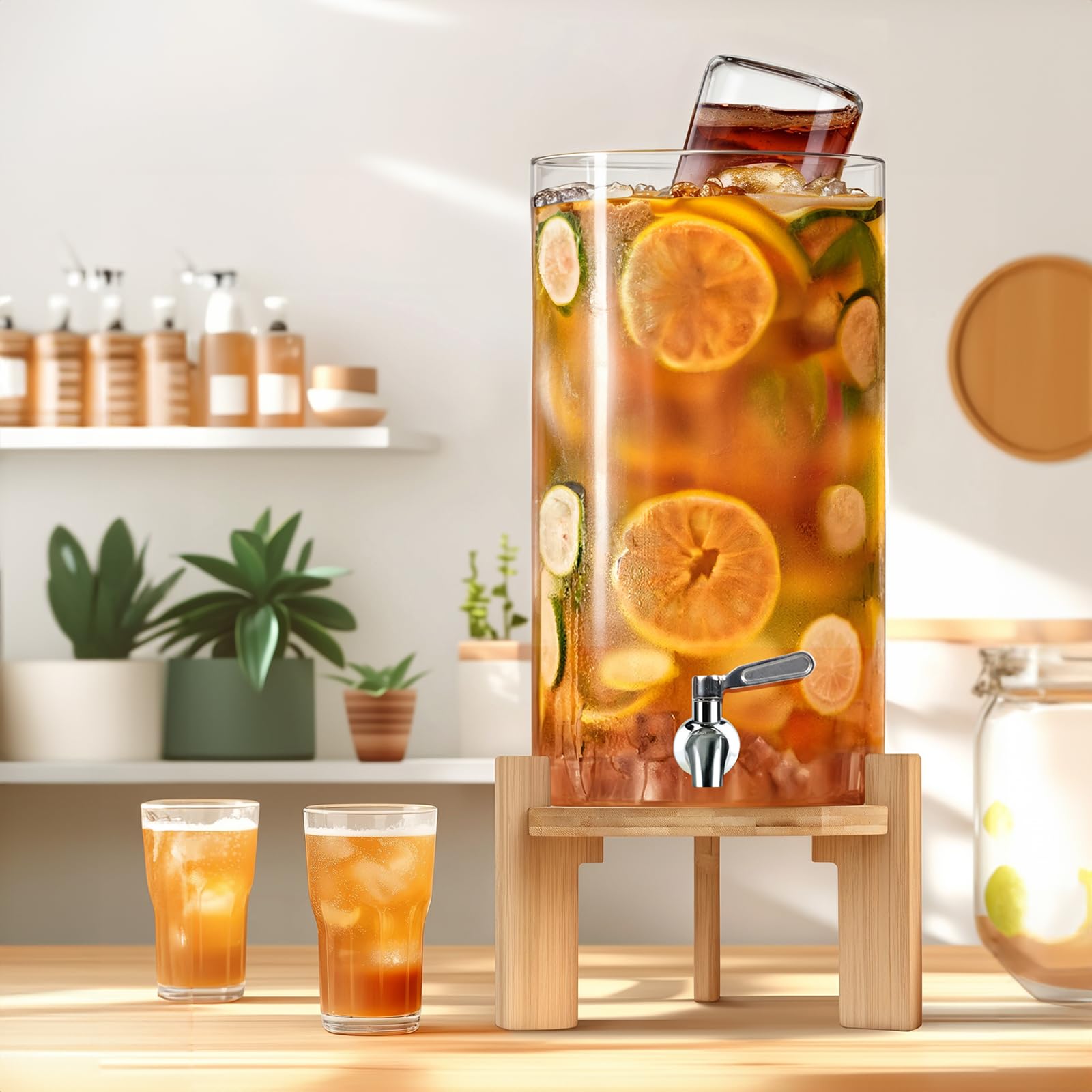 Dispensador de bebidas de 2.9 galones, dispensador de bebidas de vidrio con soporte, dispensadores de bebidas para fiestas, dispensador de bebidas con soporte de madera, grifo de acero inoxidable, 6