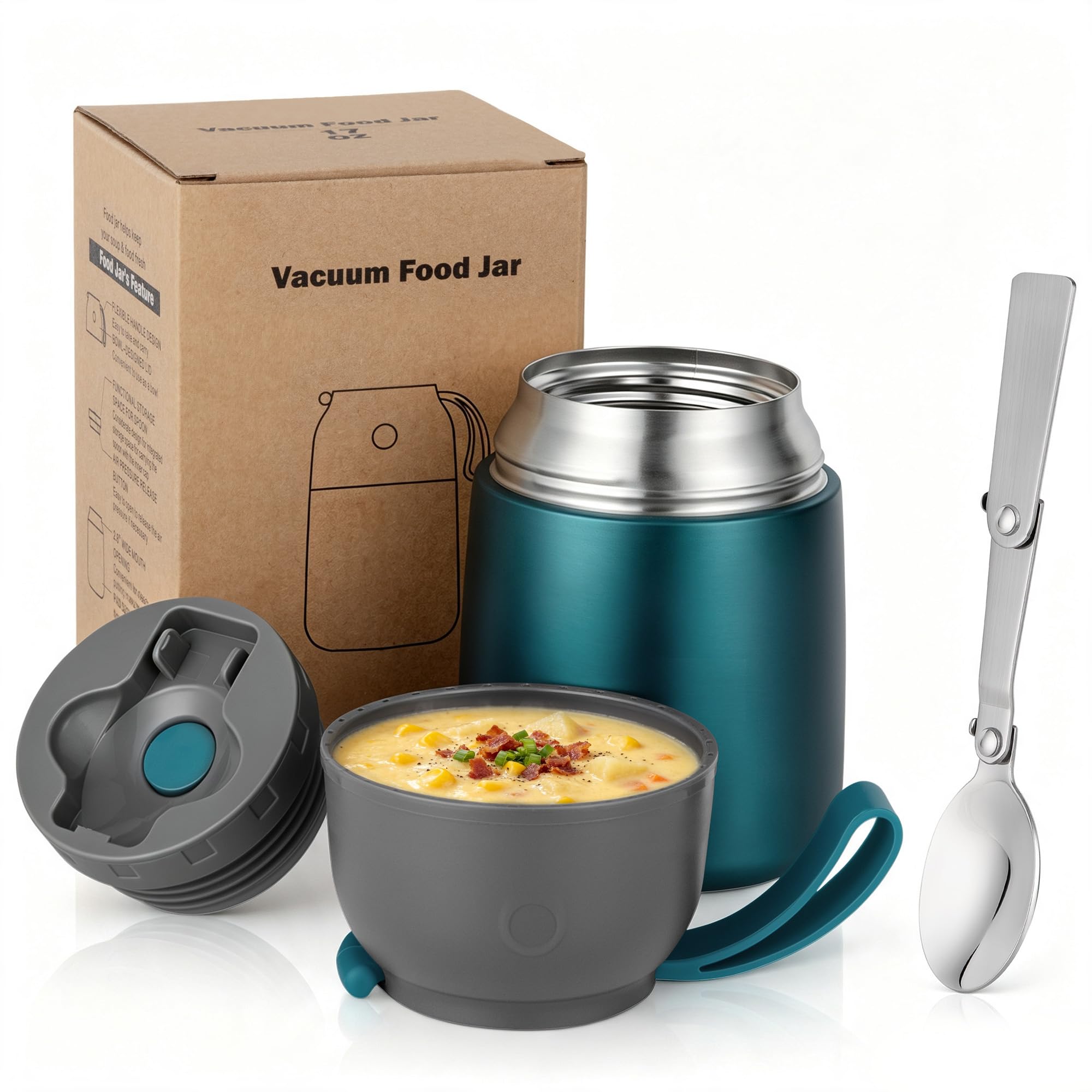 Insulated Thermo Food Jar for Hot &amp; Cold Food for Kids Adult, 17 oz Soup Thermal Hot Food Containers for Lunch, Triple Layer Insulation Stainless Steel Food Jar with Spoon (Green)