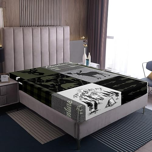 Miniatura 133 de Sábana bajera ajustable de oso de caza, juego de ropa de cama a cuadros de búfalo, sábanas de retazos de cabaña rústica para niños, niños, Multi