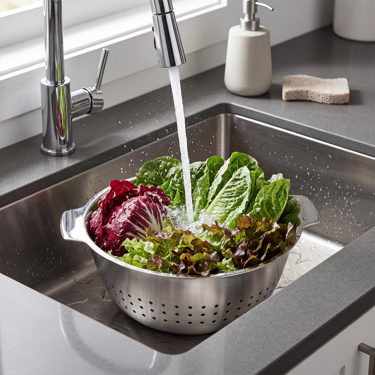 Colador para ensaladas, colador de cocina, colador de acero inoxidable, colador de pasta | diámetro de 24 cm, colador de verduras, colador de verduras, apto para lavavajillas, 2 asas, colador de