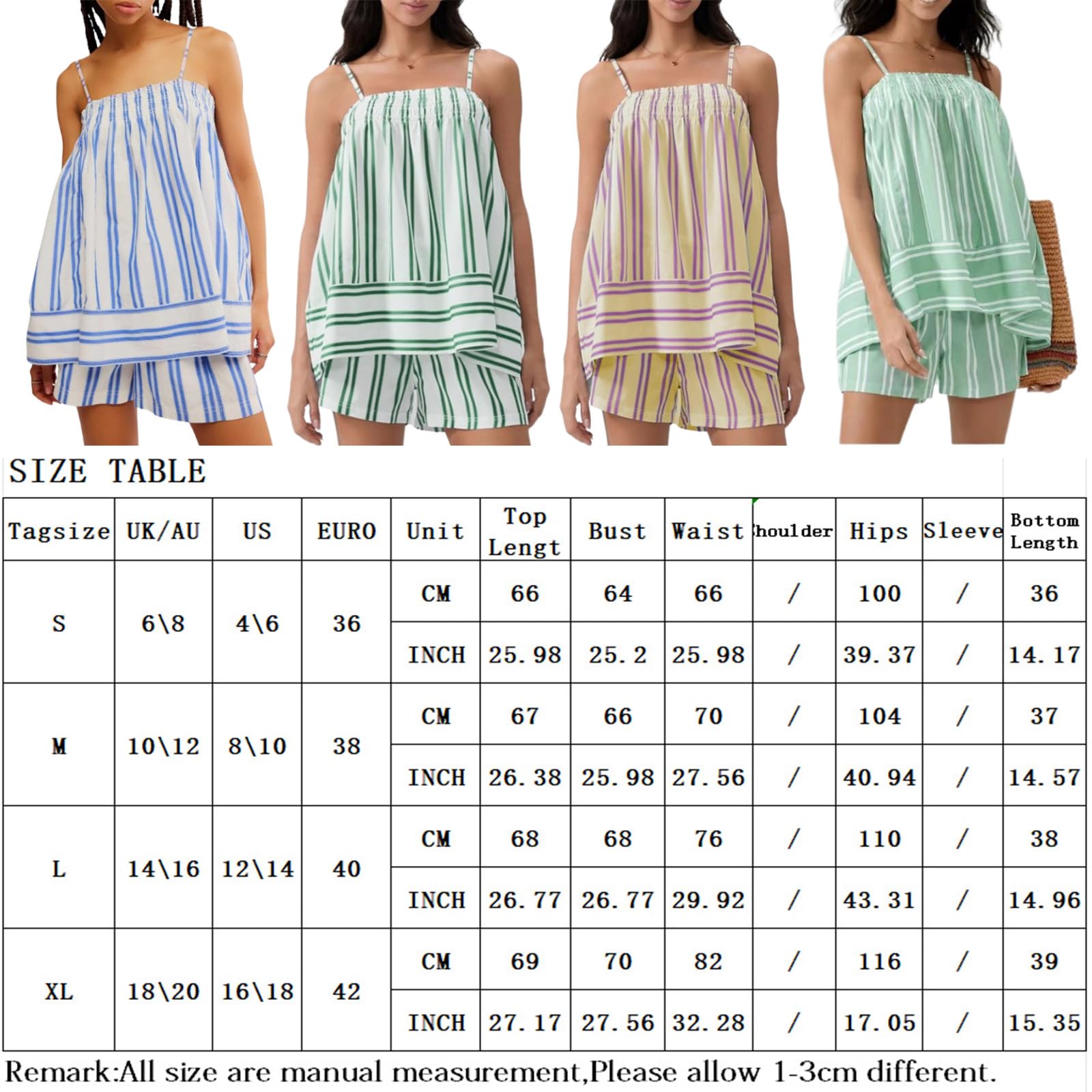 Conjunto Corto de Rayas Mujer - Camisola y Short de Poliéster Transpirable con Bolsillos Ocultos para Playa