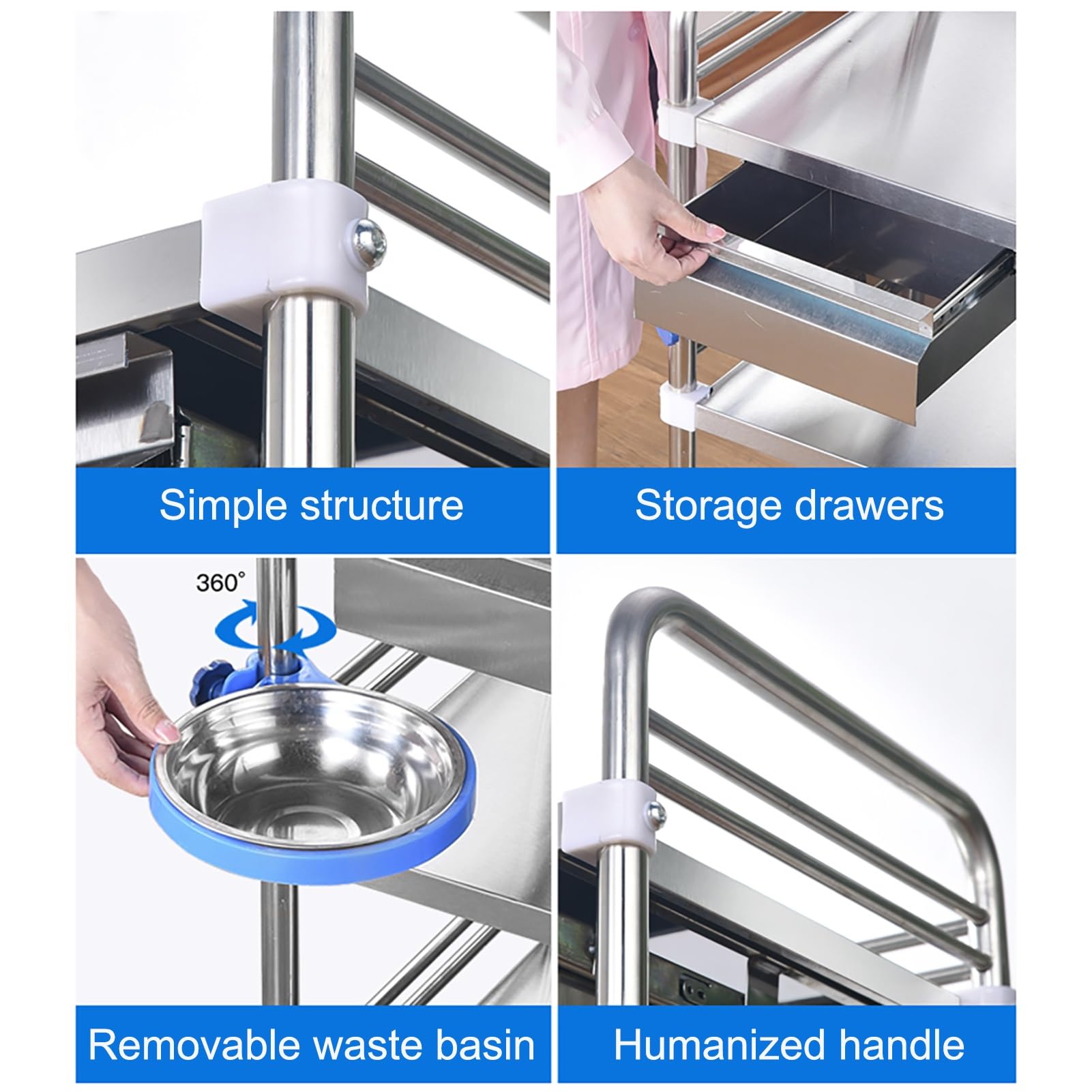 Tavoli da lavoro in acciaio inox con carrello con ruote, con 2 ripiani e 1 cassetto, carrello portaoggetti per ristorazione con rotazione a 360°, per ufficio, ristora,66*44*88cm/26*17.5*35 in
