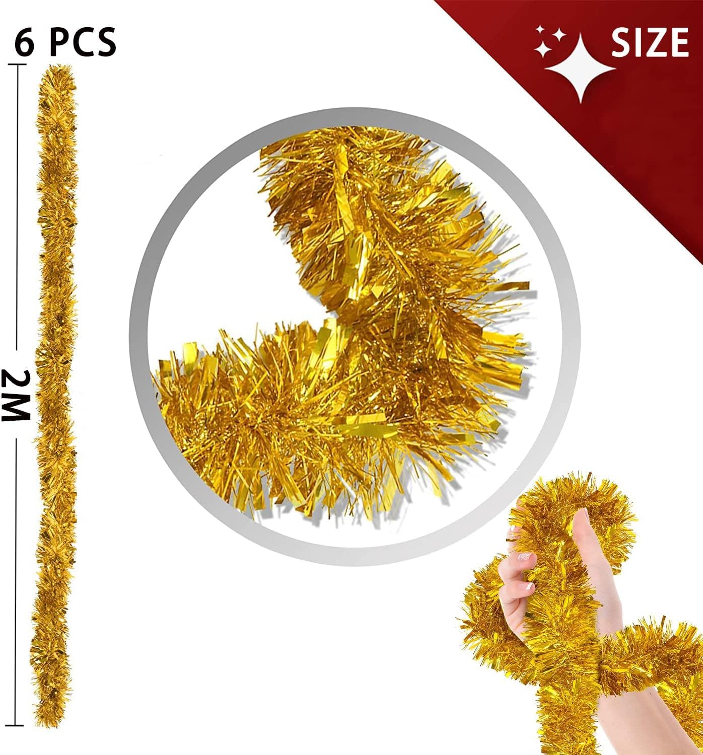 Ghirlanda Di Orpelli per Albero Di Natale Da 6 Pezzi, Ghirlanda Di Decorazioni Natalizie 2m, Ghirlanda Di Decorazioni per Albero Di Natale, Ghirlanda Di Natale (Oro)