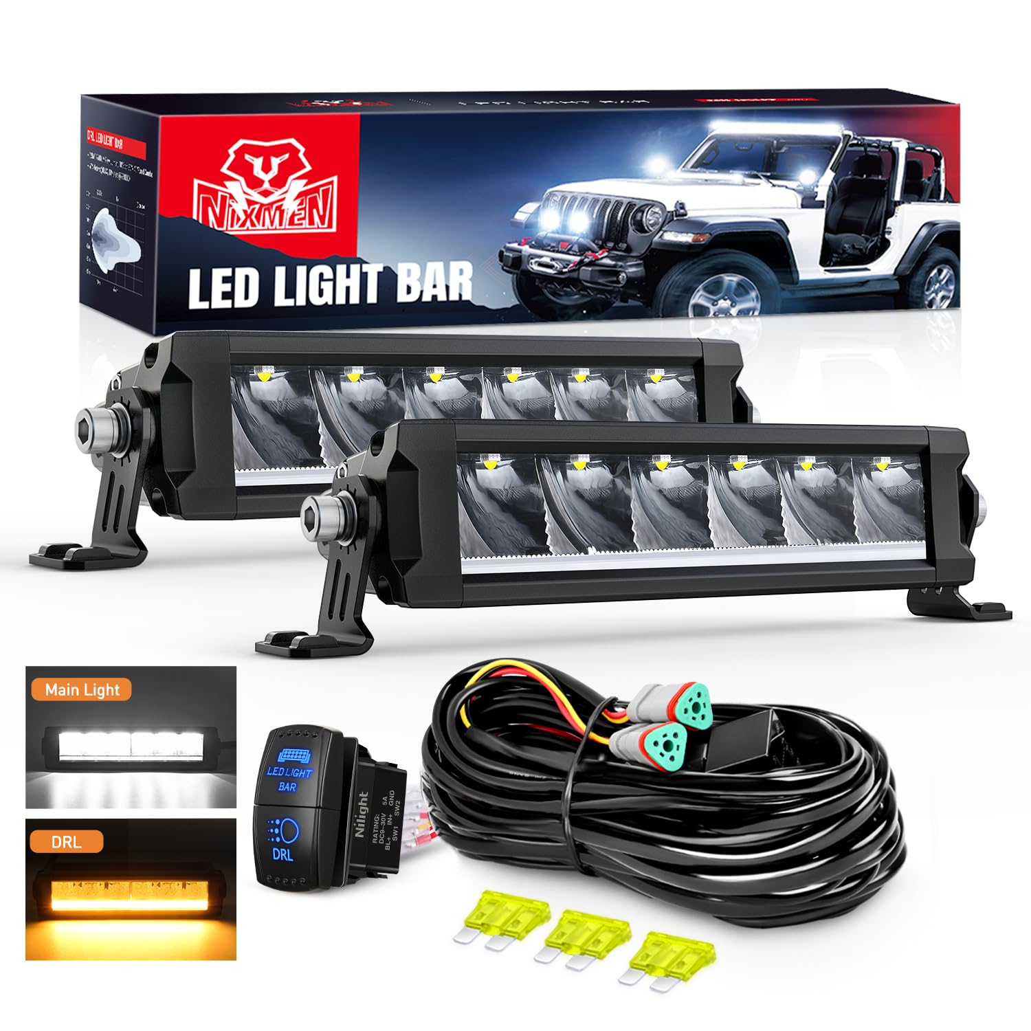 Nilight LED Light Bar with Amber DRL 2 PCS 30 W 9 Inch Single Row Lights
