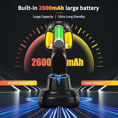 Vista 4 de NETUM Escáner de código de barras Bluetooth industrial QR, actualizado con base de carga, lector de código de barras inalámbrico 2D 1D 2600mAh