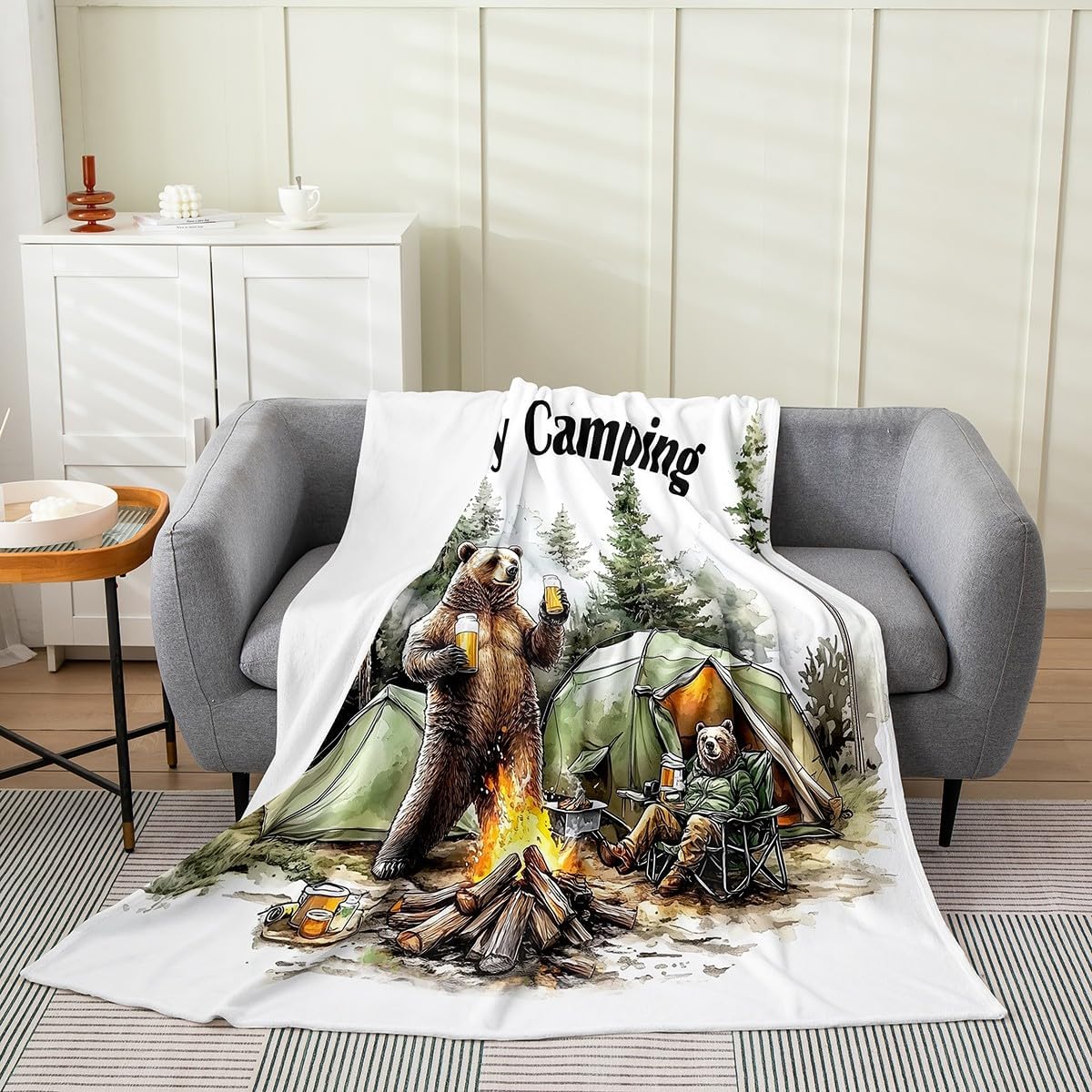 Erosebridal Bear Flannel Blanket Queen 90x90,Happy Camping Fleece Blanket for Kids Boys Girls,Woodland Campsite Camper Accessories Fuzzy Plush Throw,Funny Wild Animals Drink Beer Pattern,Brown Green