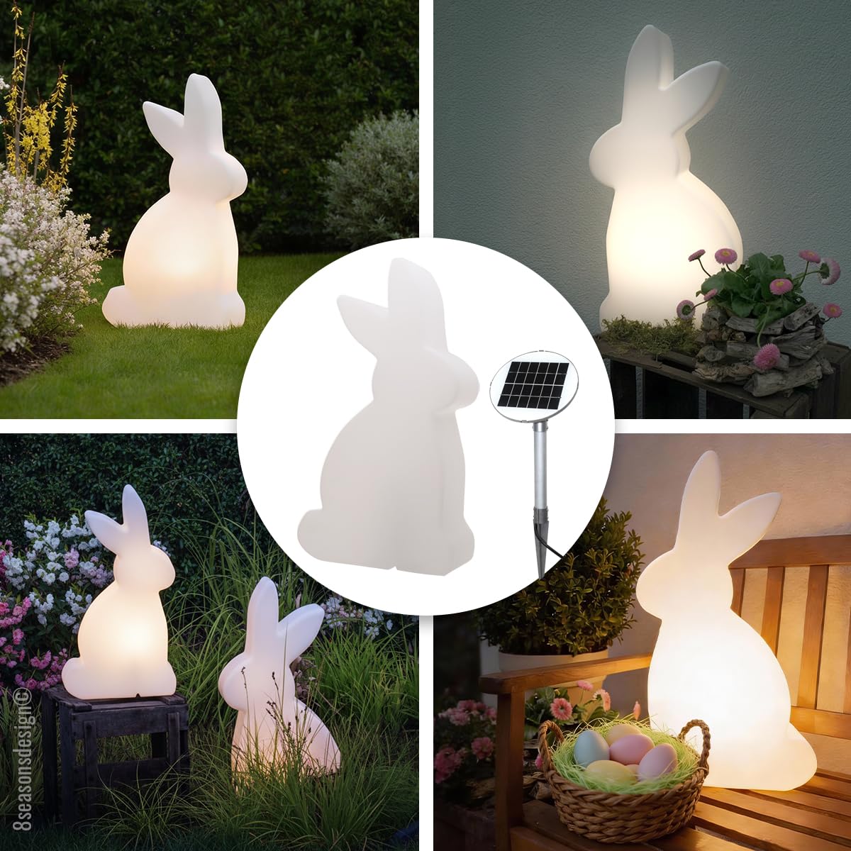 8 seasons design | Lampa zewnętrzna LED zając Solar Shining Rabbit (50 cm wysokości, ciepła biel, czujnik zmierzchu, zewnętrzny panel, lampa ogrodowa, na zewnątrz), biała