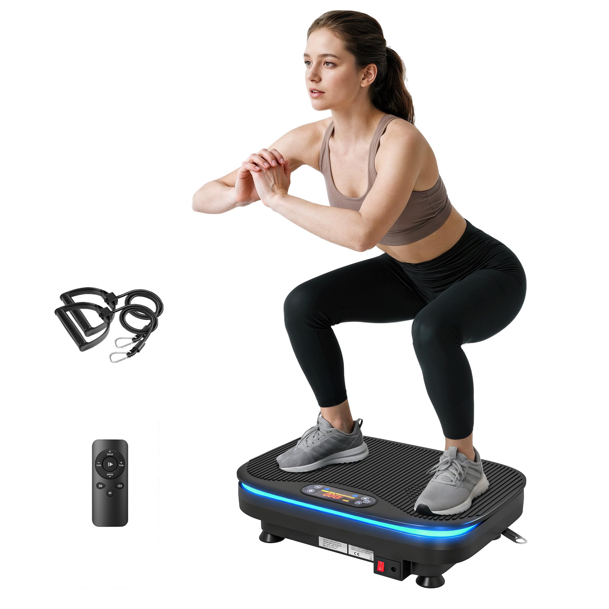 SPORTNOW Vibrationsplatte Rüttelplatte mit 99 Intensitätsstufen 3 Vorprogramm Lichtern Bluetooth Widerstandsbänder Kompakt Vibrationsgerät Vibrationstrainer für Muskelaufbau Ganzkörpertraining