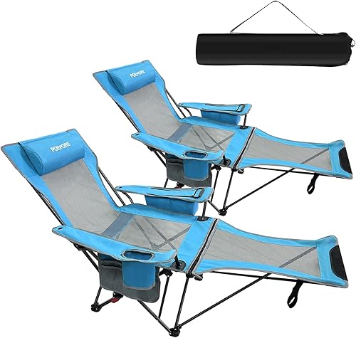 Paquete de 2 sillas reclinables de camping de 4 posiciones con reposapiés, cómoda para adultos, silla de playa plegable de malla de 265 libras, con