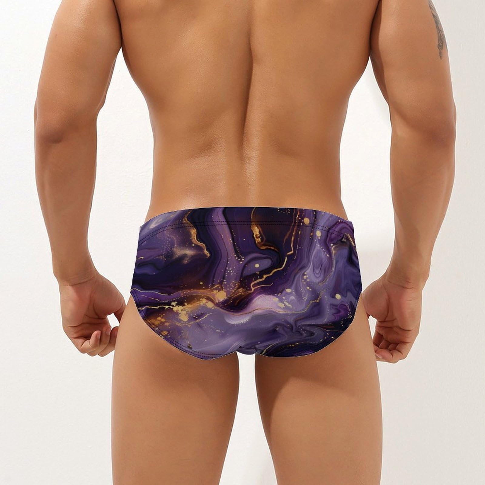 Purple And Gold Abstract Mens Swim Briefs Bikini Swimwear Print Beach Shorts Sexy Swimsuit 2XL