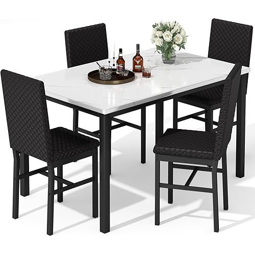 Hooseng Dining Room Table Set for 4 Faux Marble 5 Piece Dining Table with 4 Modern Upholstered PU Leather Chairs for Small Space, Home Kitchen, Apartment,Black