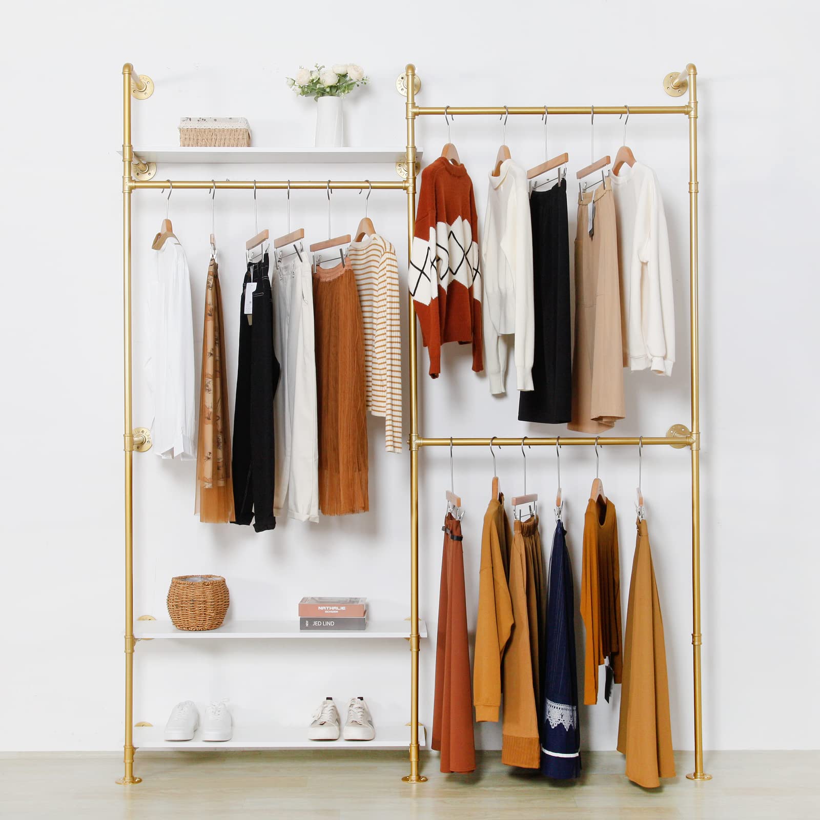 Modern Simple Industrial Pipe Clothing Rack Wall Mounted Hanging Rods Garment Bar with Shelves, Heavy Duty Garment Rack for Boutiques Retail Display (Glod, 92.1X76.8inch)