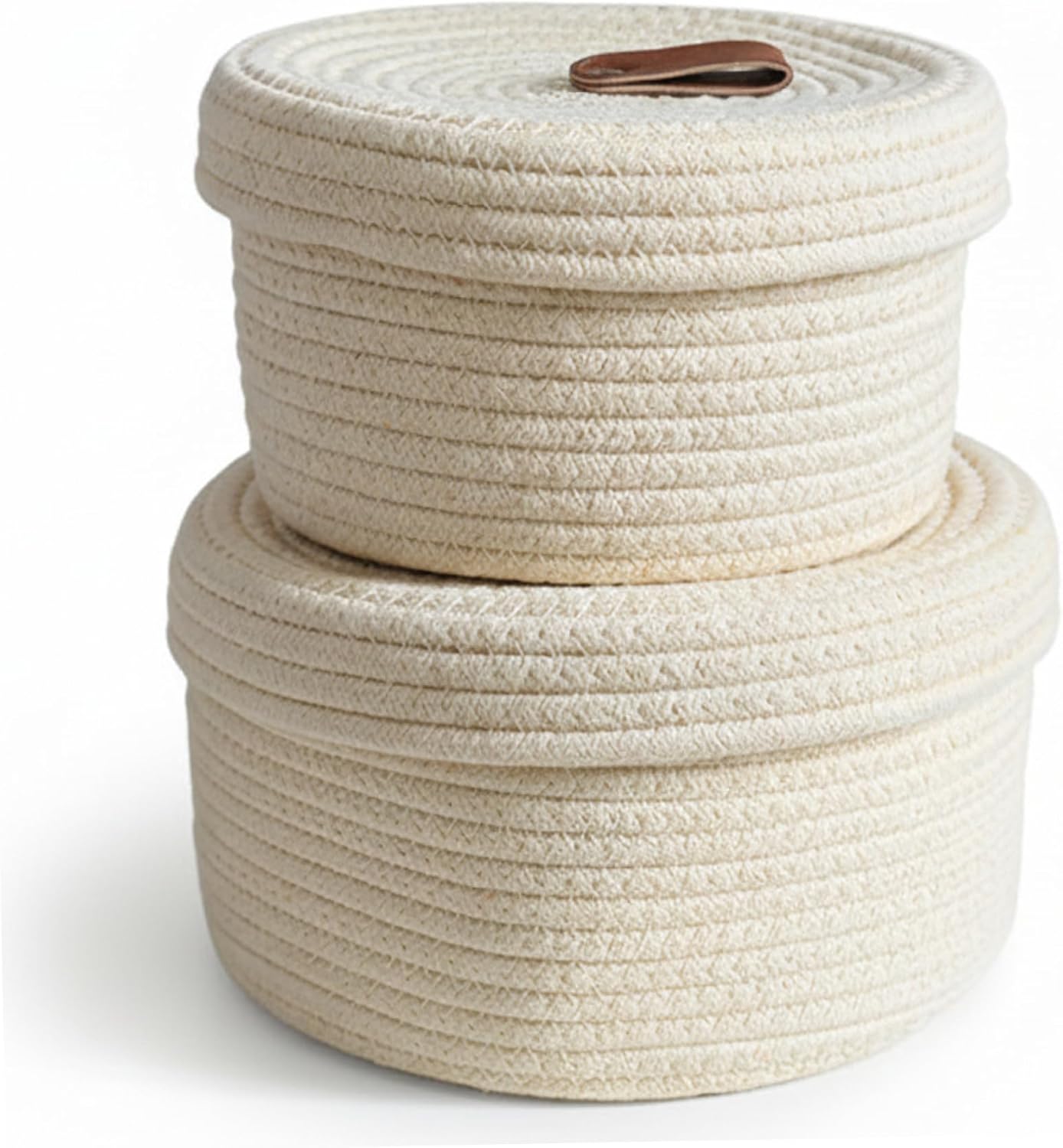 Small Rope Basket, 2-Pack Cotton Woven Storage Basket with Lid, Soft Baskets for Home Organization, Beige (9.8 & 7.9in) ;1 ;1