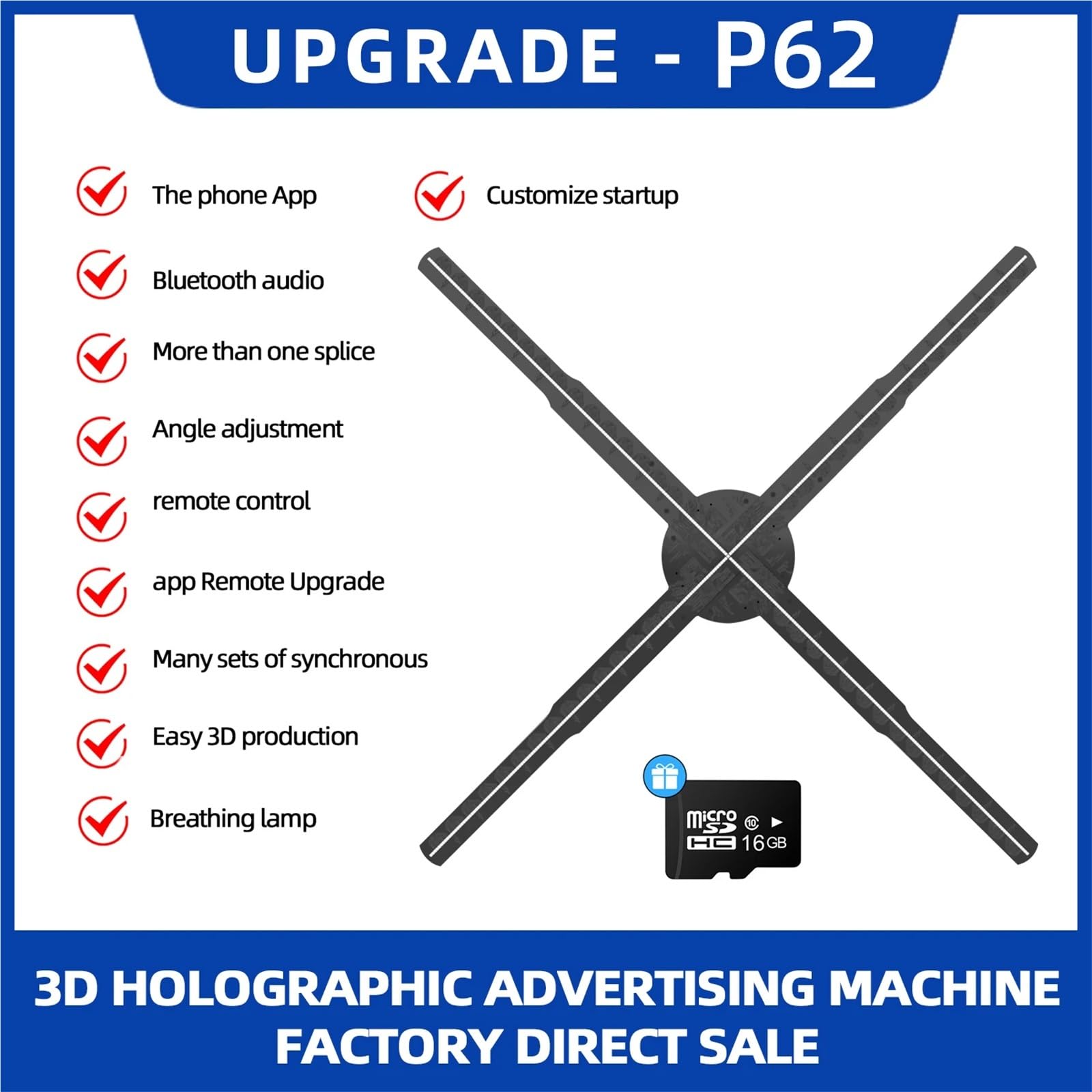 50cm Wifi Holographic Fan 3D Advertising Machine 576 LED Sign Neon Smart HD Player Support Video Picture Logo Light(62cm HD edition)