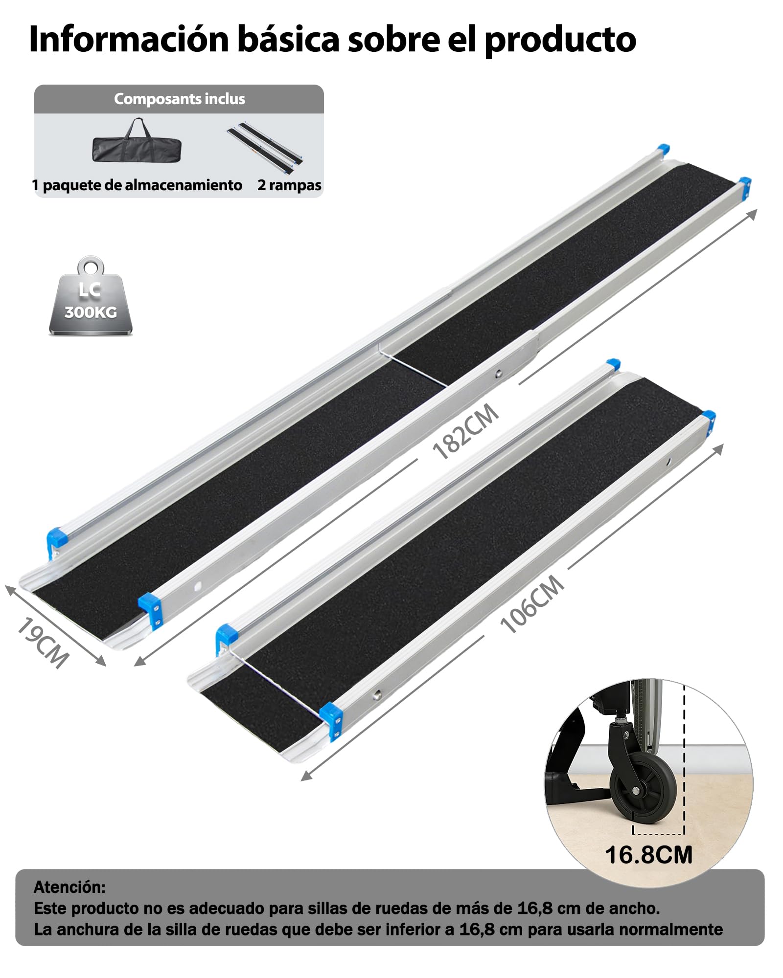 ANYBOY 106CM-182CM telescopica rampa para escaleras Silla Ruedas,Resistencia a 300 kg, 2 Unidades por Paquete, Incluye Bolsa de Almacenamiento,rampa minusvalidos portatil | Longitud ajustable, carga de 300 kg, para escaleras, juego de 2, con bolsas de alm