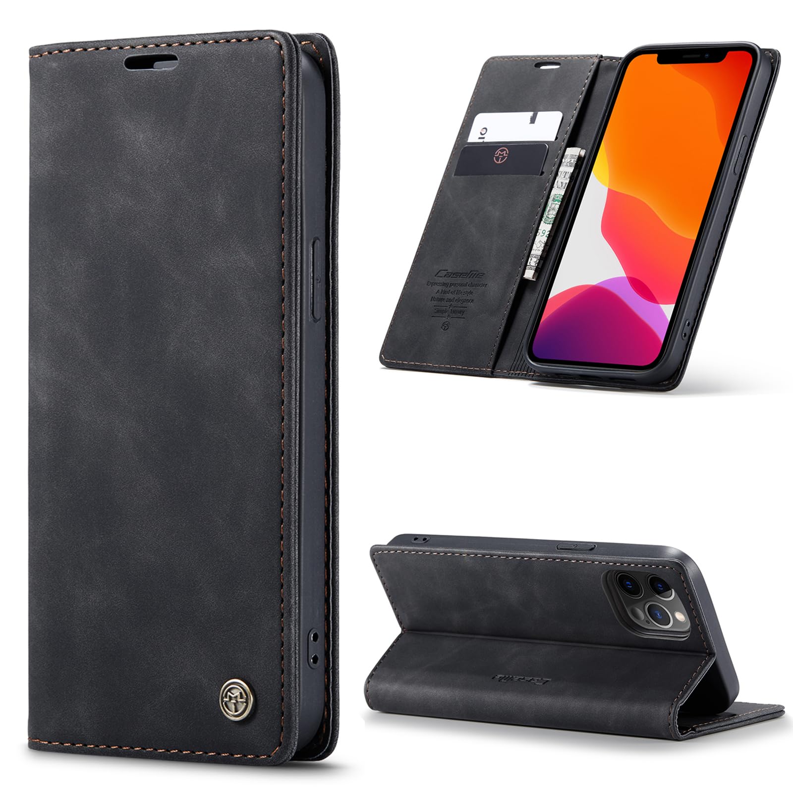 JMstore Custodia Compatibile con iPhone 12/12 PRO, Custodia in Pelle Cover a Libro Portafoglio Flip Caso Custodia Pelle con Magnetica (Nero