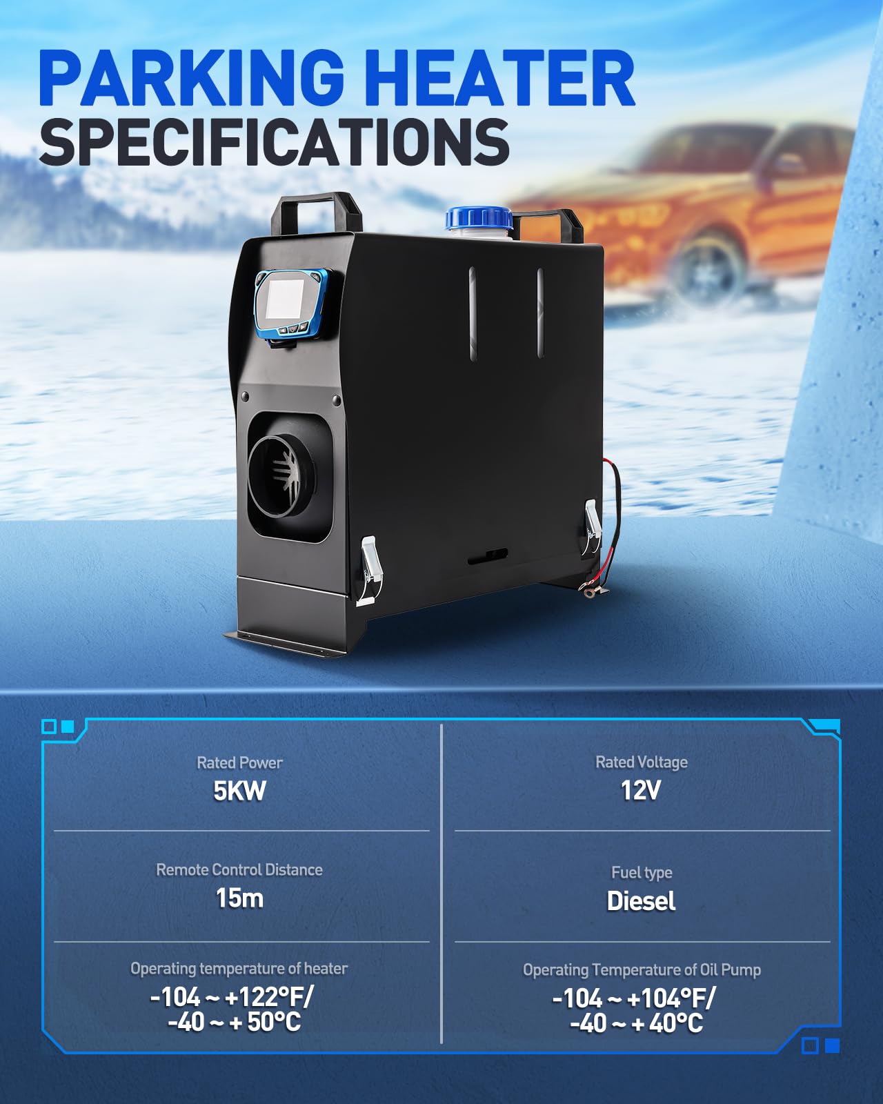 Calentador de aire diésel portátil de 5 kW y 12 V, silencioso, con silenciador, todo en uno, de un solo orificio, con control remoto y pantalla LCD para coche, caravana, barco, autocaravana, interio