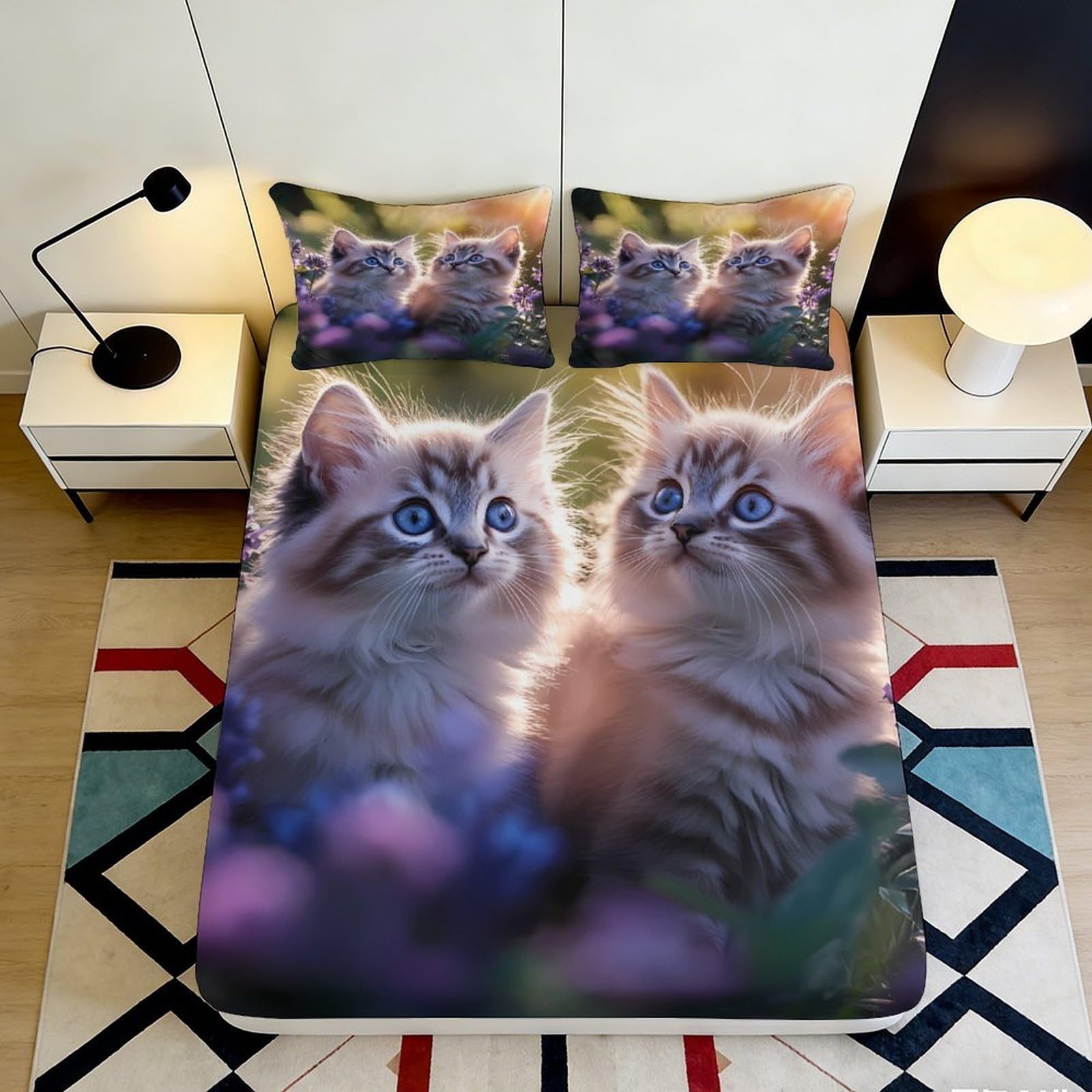Tjiqhvmrn Style-3 3D Printed Cat Design Fitted Sheet Microfiber Non-Slip Deep Pocket Cat Mattress Fitted Cover Washable For Bedroom 90X200x25cm