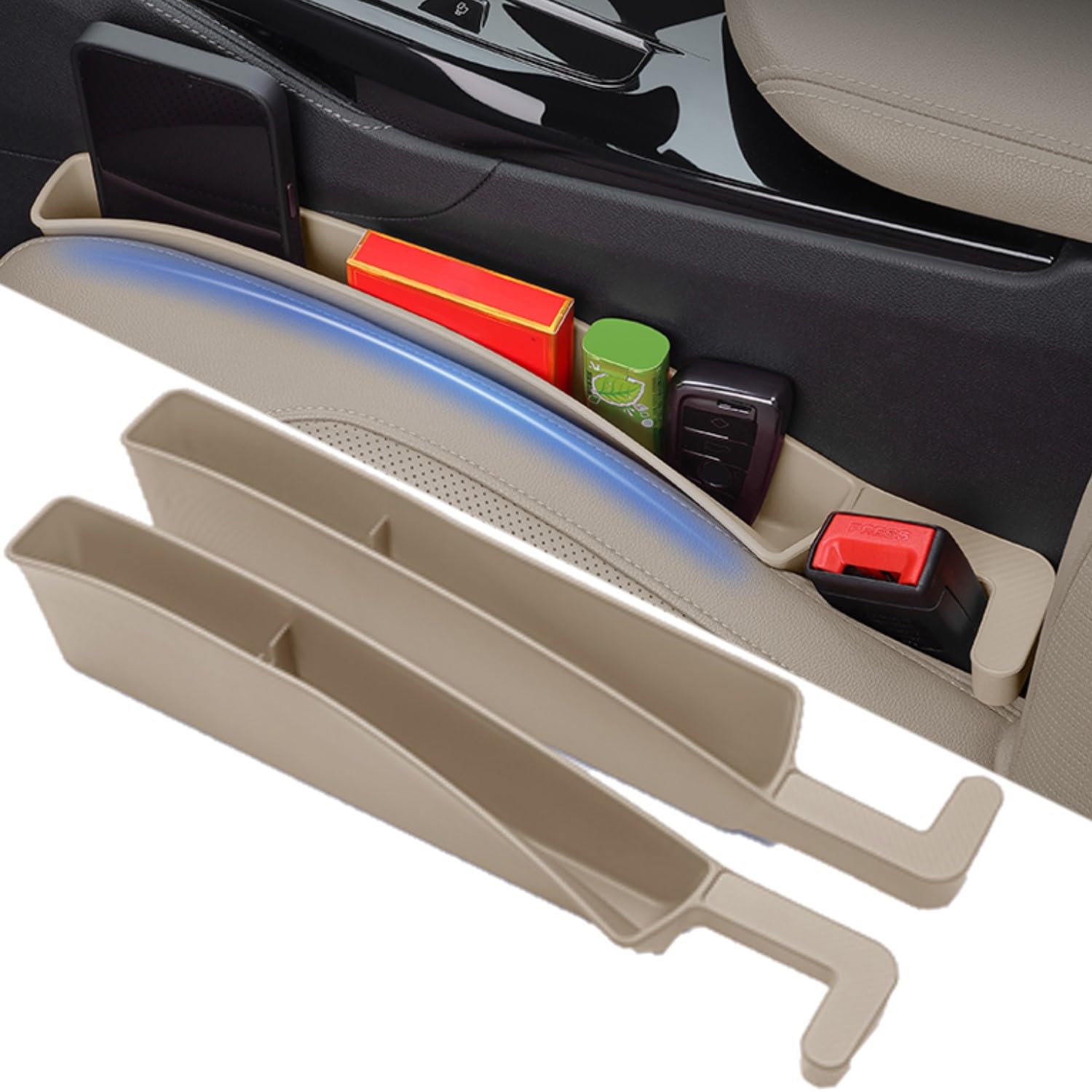 Car Seat Gap Filler Plug Strip with Storage Slot, Automotive Side Seat Organizer or Catcher Fill The Gap Between Seat &amp; Console, Universal Auto Storage Box Inserts for Phone Coins Wallets Keys, Beige