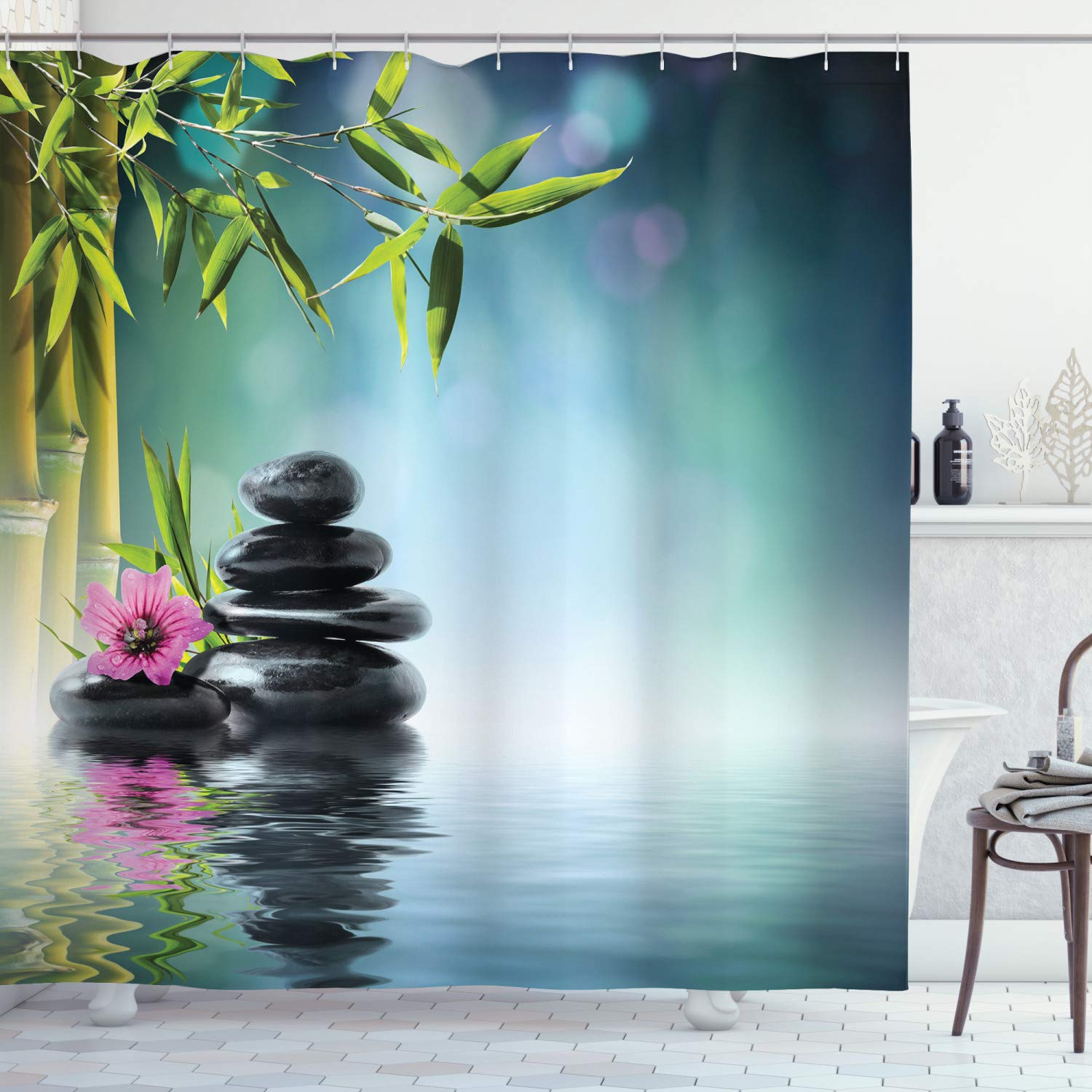 ABAKUHAUS Peace Garden Shower Curtain, Pink Flower Spa Stones and Bamboo Tree on the Water Relaxation Theraphy Peace