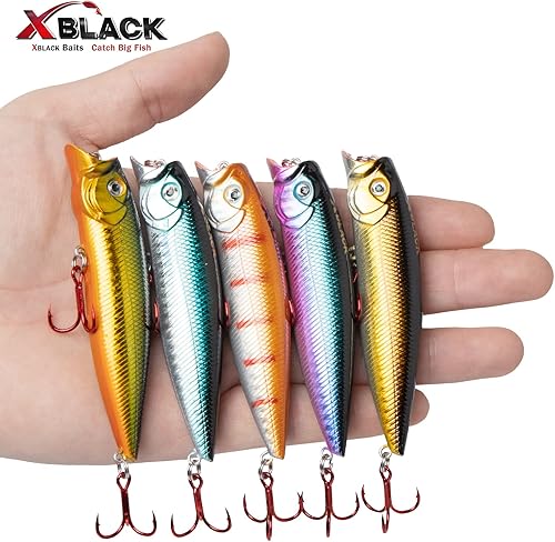 Miniatura 5 de Fishing Lures Set Minnow Crankbaits Pencil Jointed Popper VIB Lures Fishing Lures Kit 5PCS for Bass Trout in Saltwater and Freshwater, XBLACK Baits,