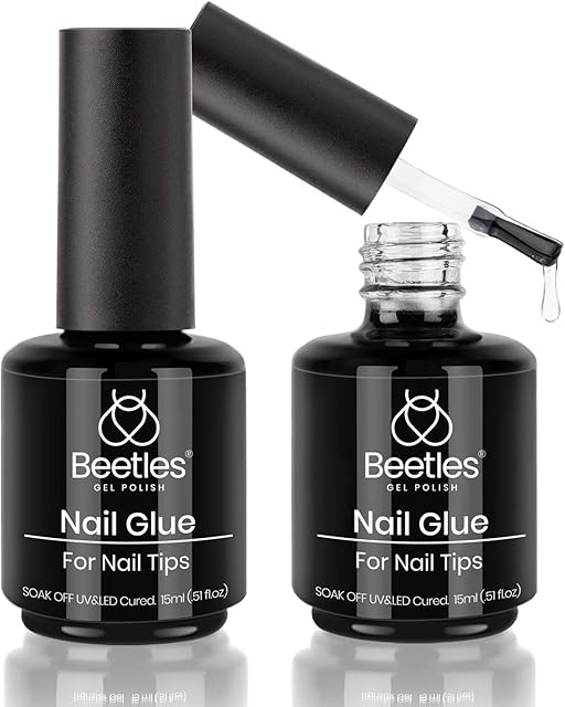 Beetles Gel Polish 2 in 1 Nail Glue and Base Gel Kit for Acrylic Nails, 2PCS 15ML Super Strong Brush On Nail Glue Gel for False Nails and Gel Nail Polish, UV/LED Lamp Required (A-UV Nail Glue)