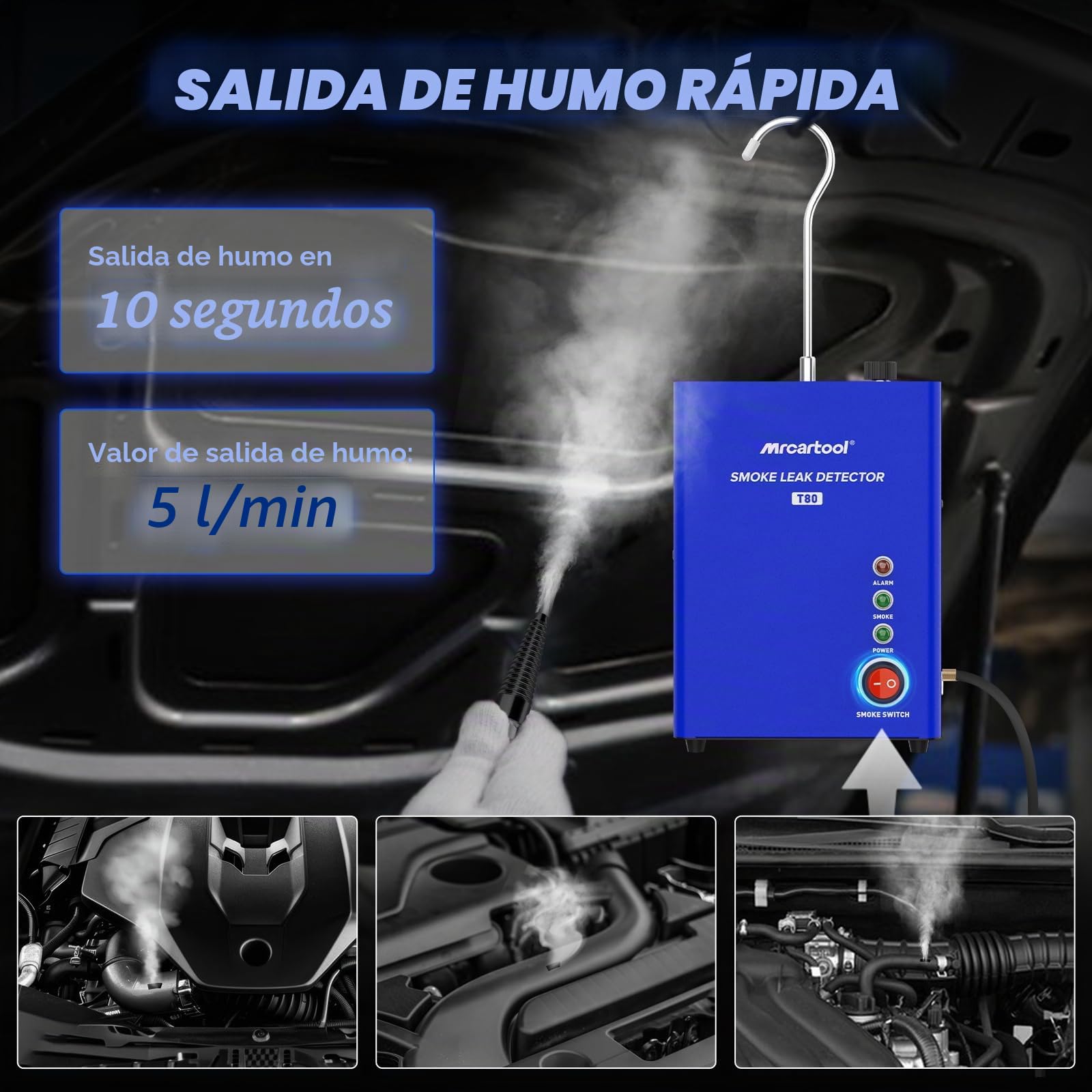 MRCARTOOL T80 Máquina de Humo EVAP Detector de Fugas de Coche con Bomba de Aire Incorporada y Medidor de Nivel de Aceite, Probador de Fugas de Combustible para Vehículos de 12V y Motocicletas