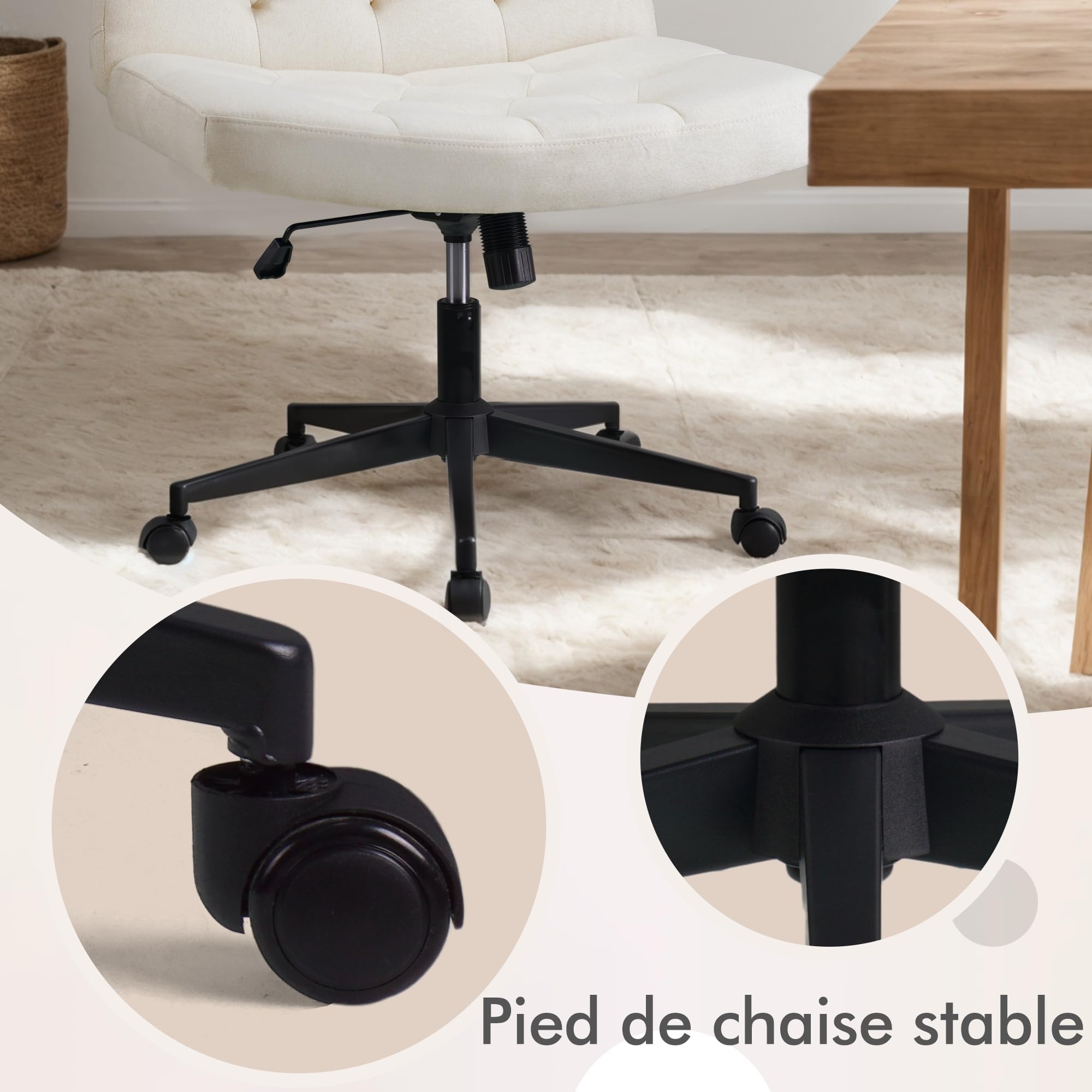 Chaise de Bureau sans Bras à Dossier Moyen, Chaise de Maquillage Extra-Large, Chaise à Pieds croisés réglable en Hauteur, Chaise Commode Confortable(Beige)