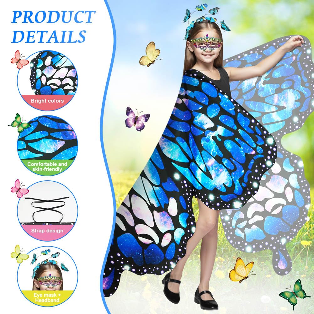 AUYAO Girl Butterfly Wing Costume Kid Butterfly Costume Cape with Mask Headband and Sticker Fairy Butterfly Wing Fancy Dress Up Costume for Halloween World Book Day Cosplay(Starry Blue) - Image 3