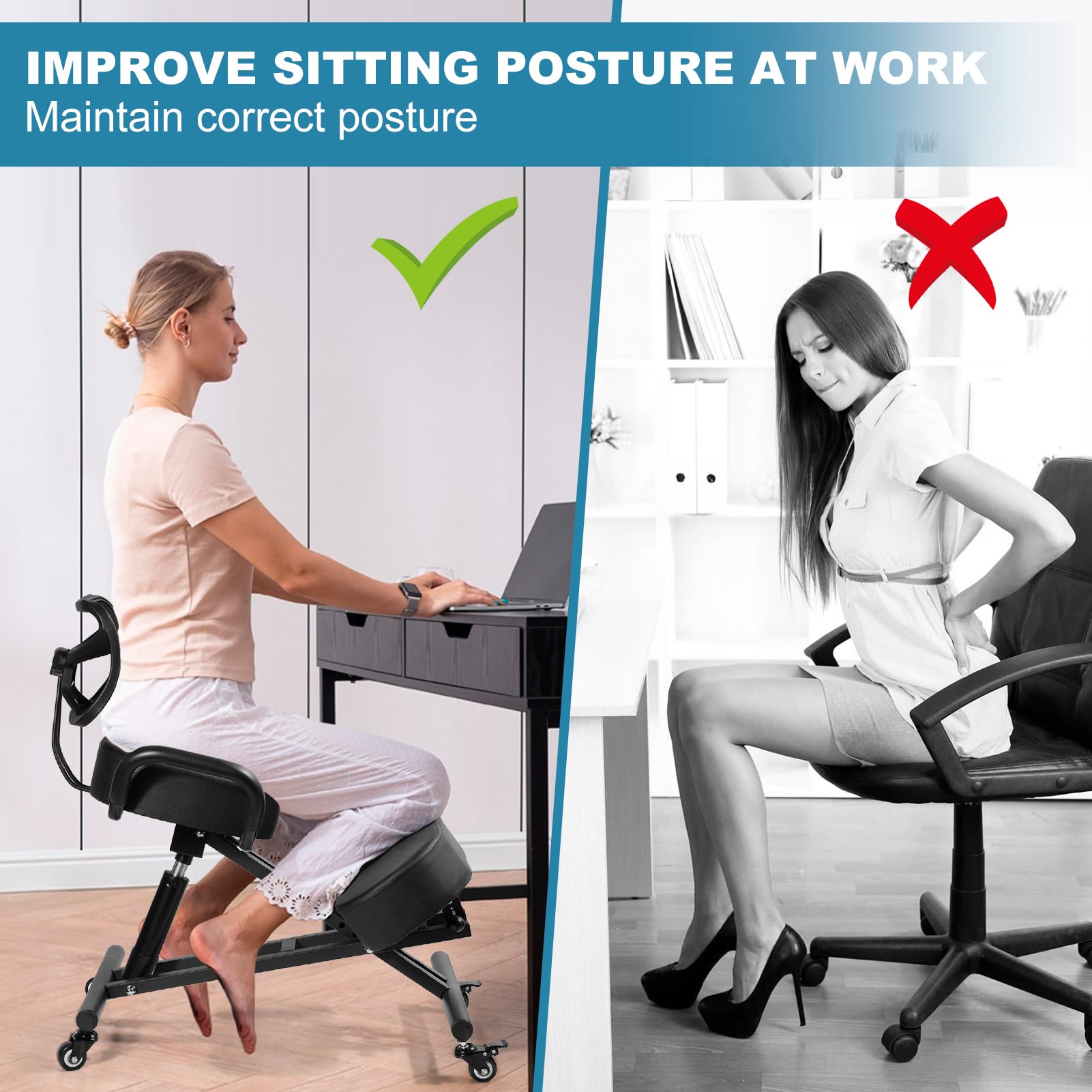 Chaise À Genoux, Chaise Ergonomique avec Support pour Les Genoux Et Le Dos, Chaises De Bureau Ergonomique, Inclinaison Réglable Entre Le Siège Et Les Genouxs, pour Le Bureau À Domicile, Less Études