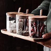 Vista 7 de Stephanie Imports Juego de 3 tarros de especias de vidrio con tapas de bambú, cucharas y bandeja