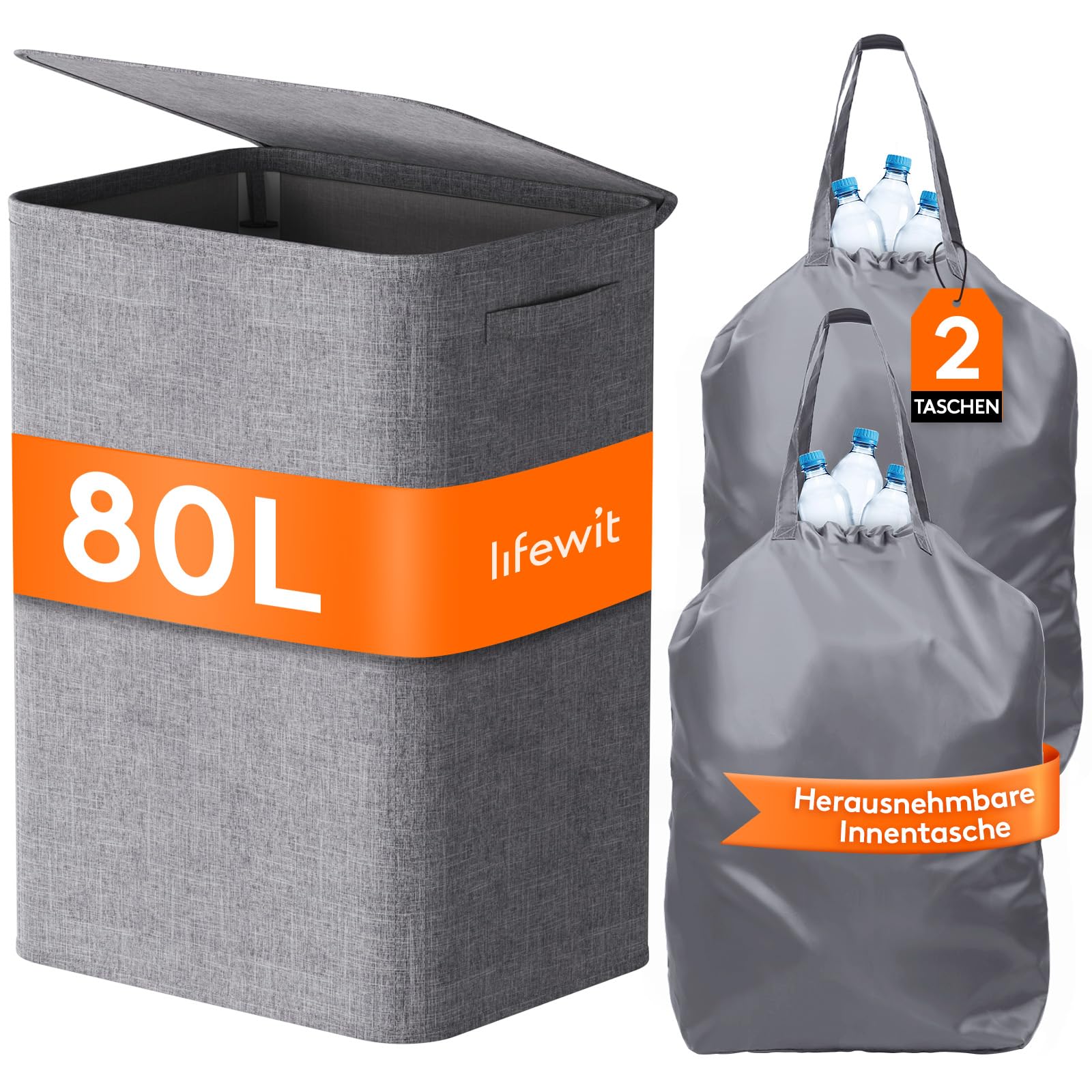 Lifewit 80L Pfandflaschen Sammelbehälter mit Deckel, faltbar und wasserdicht mit Griffen, Groß Flaschensammler mit 2 Flaschentasche, Flaschensammler mit Loch Küche Abstellraum Flaschentasche, Grau