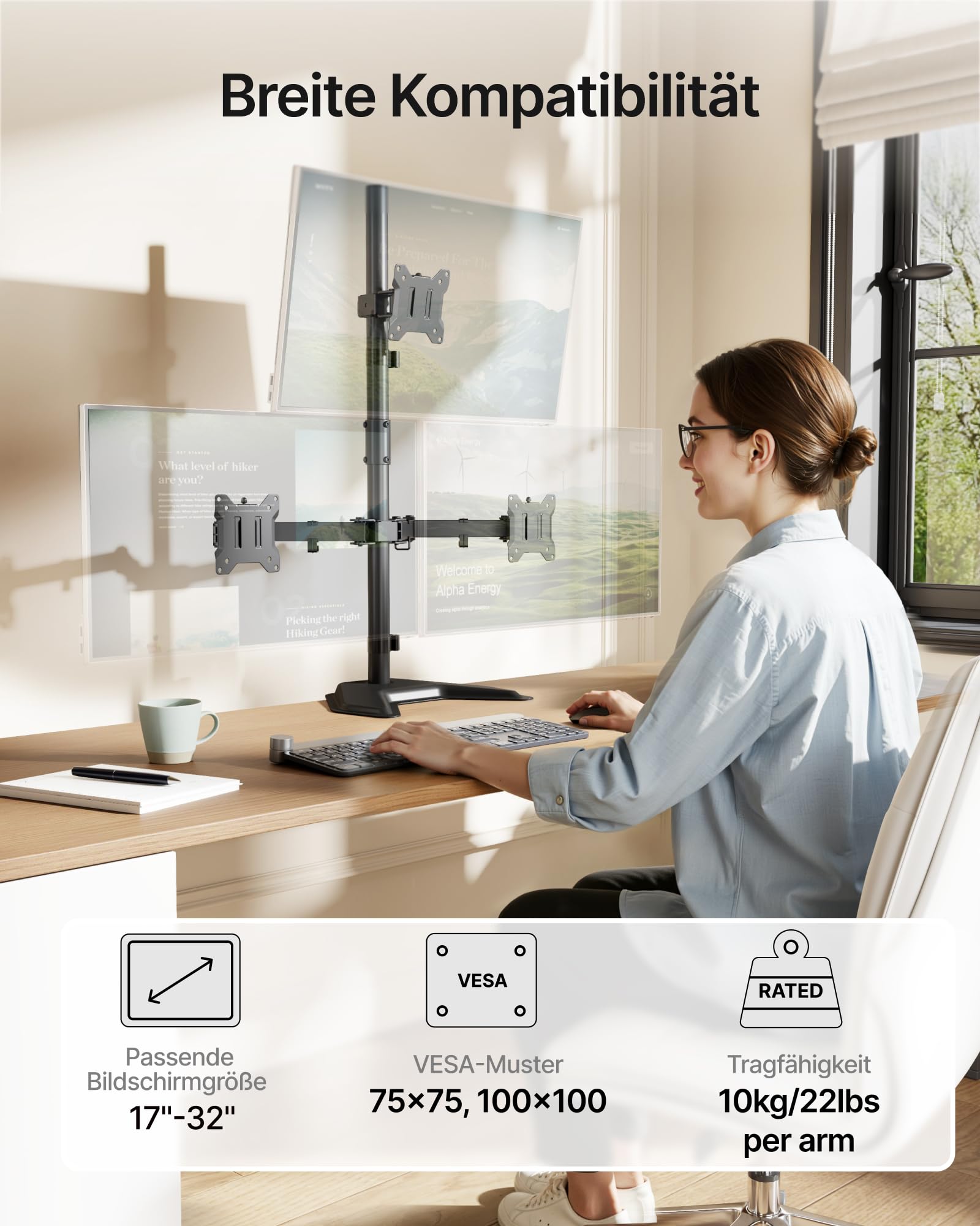 monTEK Soporte de monitor triple estable, soporte de escritorio totalmente ajustable para 3 pantallas de hasta 17 a 32 pulgadas cada una con capacidad de carga de 22 libras por brazo, base estable