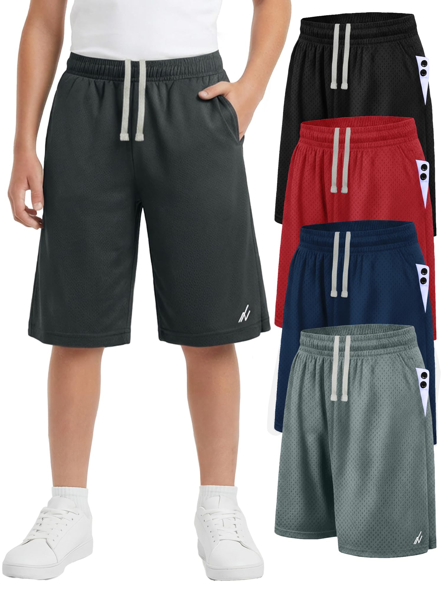 ny threads 5 pack boys athletic shorts quick dry lightweight basketball shorts for kids youth with pockets and drawstring, medium, black/red/medium grey/dark grey/navy