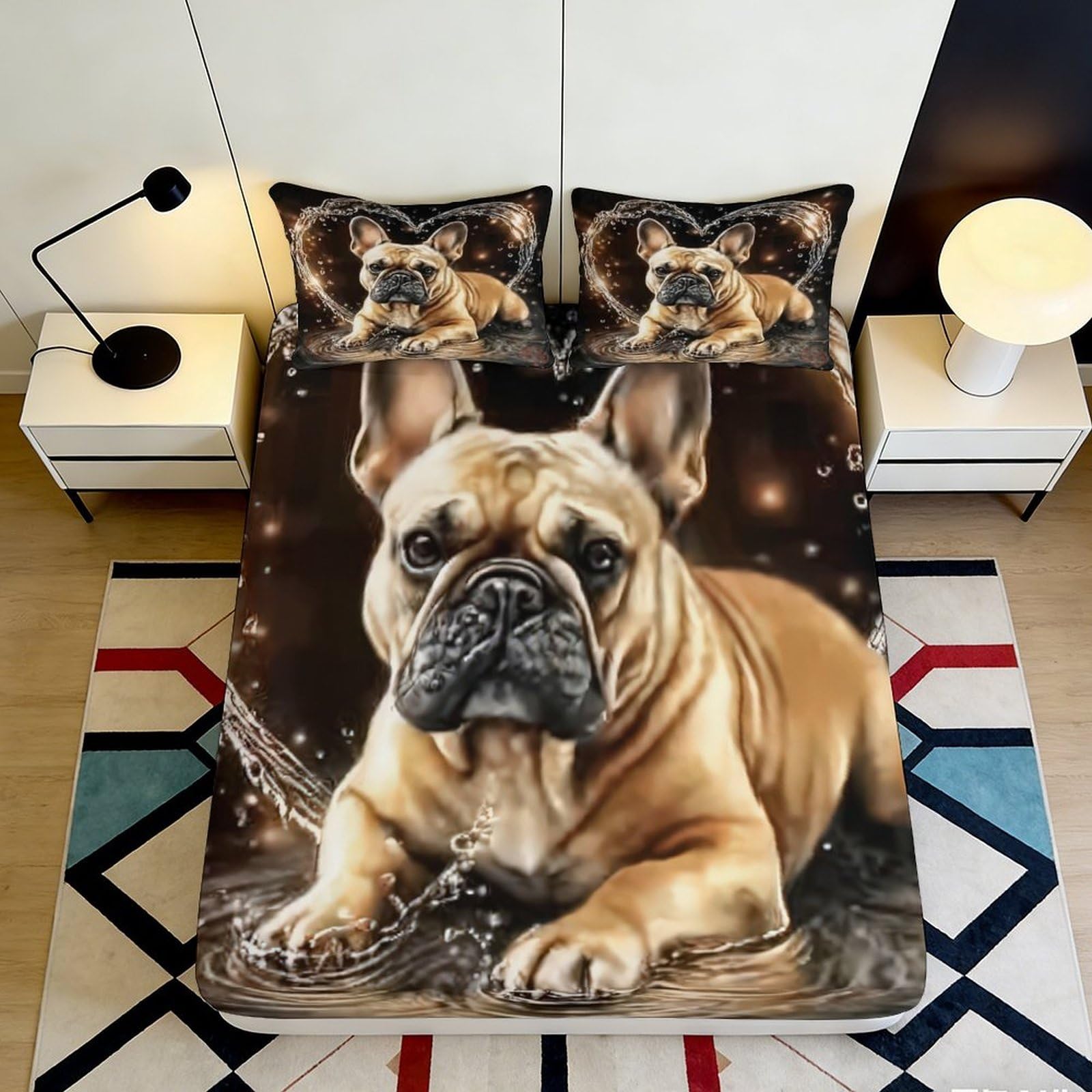 3D Printed French Bulldog Splash Fitted Sheet Microfiber Soft Anti-Slip Mattress Cover for Bedroom Guest Room Decor 200x200x25cm